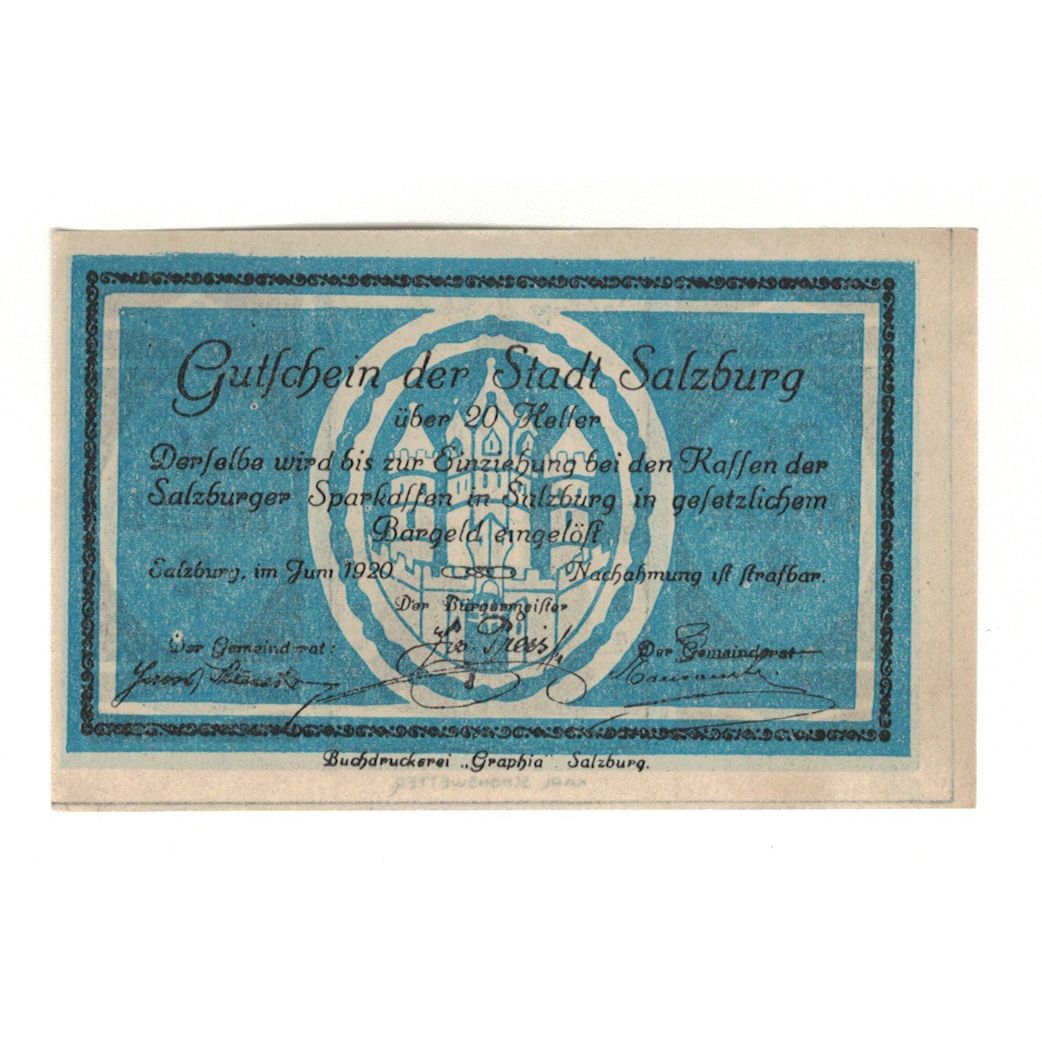 Banknote, Austria, Salzburg Sbg. Stadt, 20 Heller, batiment 1, 1920, AU(55-58)