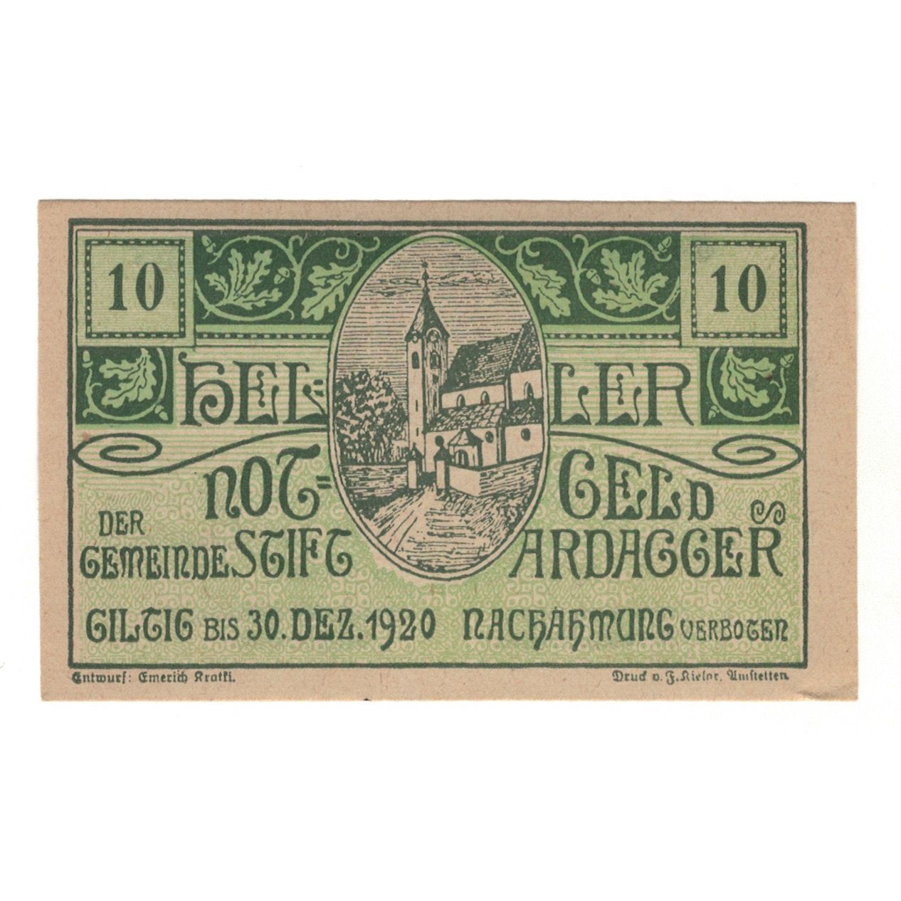 Banconote, Austria, Ardagger Stift N.Ö. Gemeinde, 10 Heller, Texte, 1920