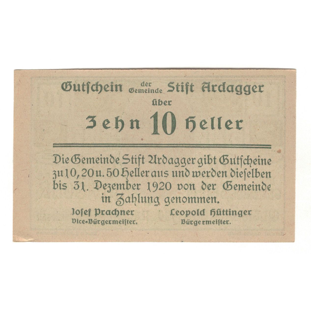 Banconote, Austria, Ardagger Stift N.Ö. Gemeinde, 10 Heller, Texte, 1920