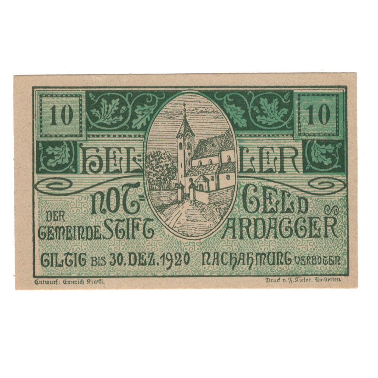 Banknot, Austria, Ardagger Stift N.Ö. Gemeinde, 10 Heller, texte 1, 1920