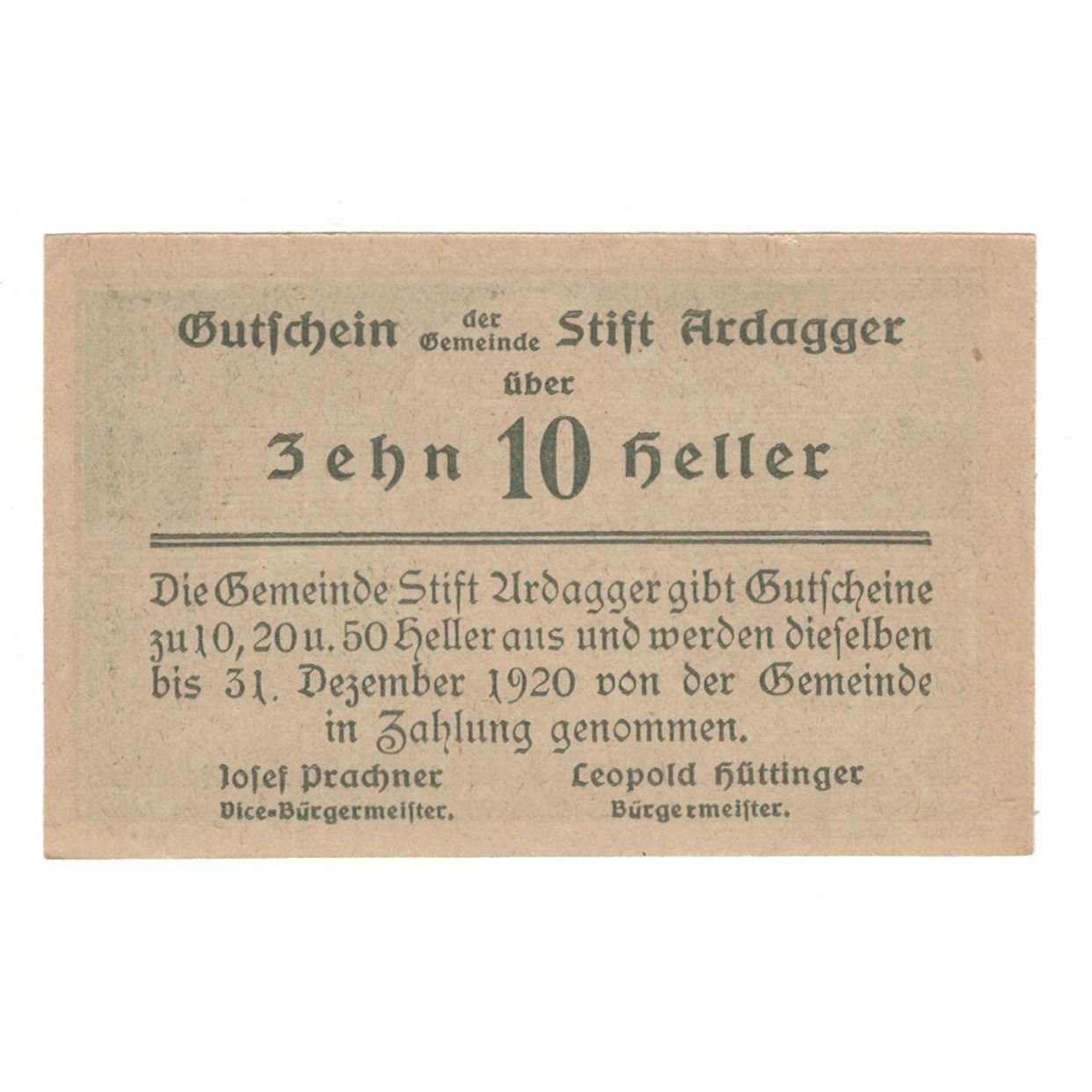 Banknot, Austria, Ardagger Stift N.Ö. Gemeinde, 10 Heller, texte 1, 1920