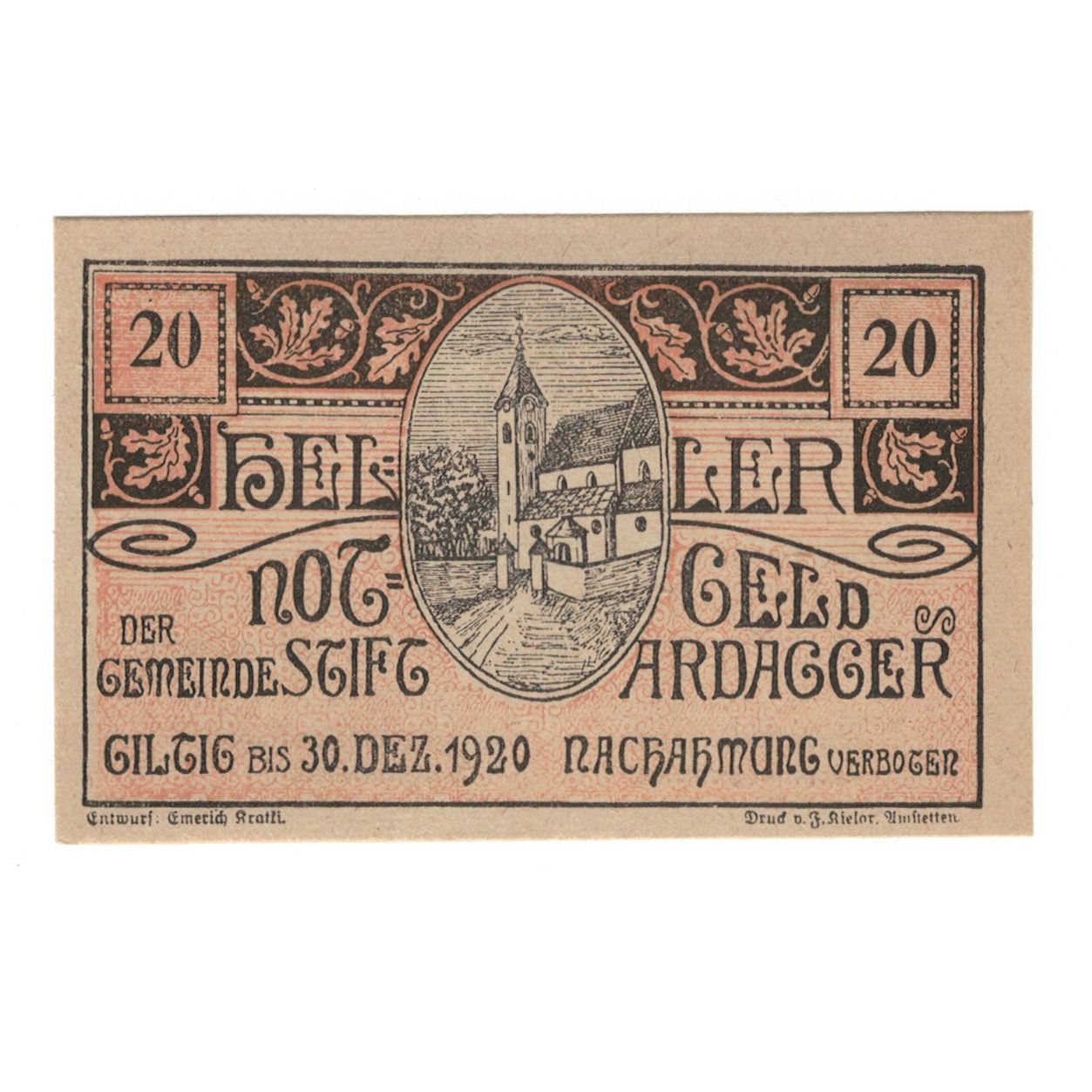 Nota, Áustria, Ardagger Stift N.Ö. Gemeinde, 20 Heller, Texte, 1920