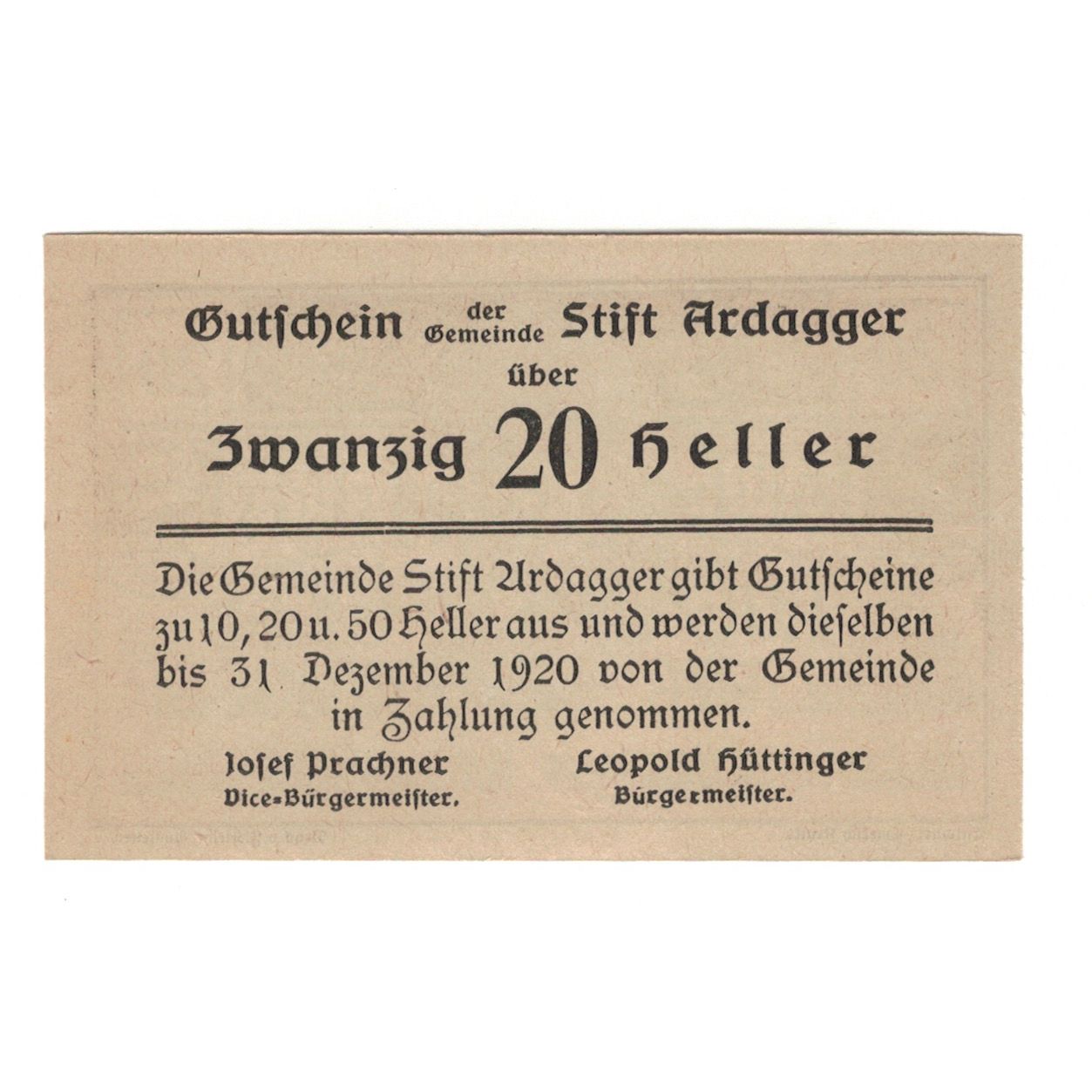 Nota, Áustria, Ardagger Stift N.Ö. Gemeinde, 20 Heller, Texte, 1920