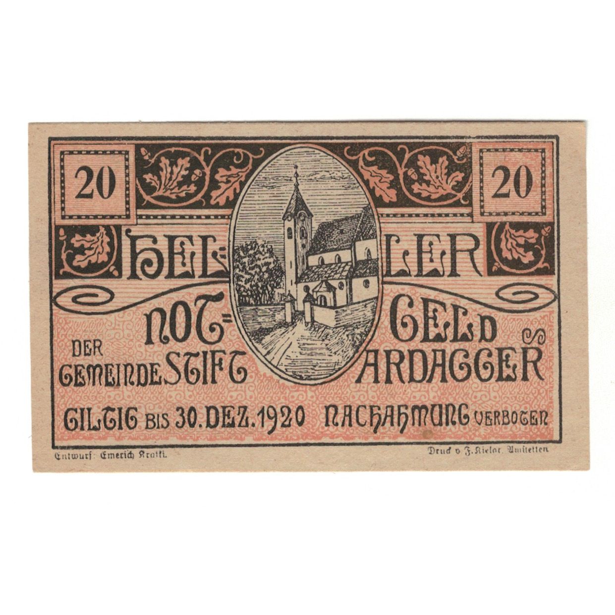 Nota, Áustria, Ardagger Stift N.Ö. Gemeinde, 20 Heller, texte 1, 1920