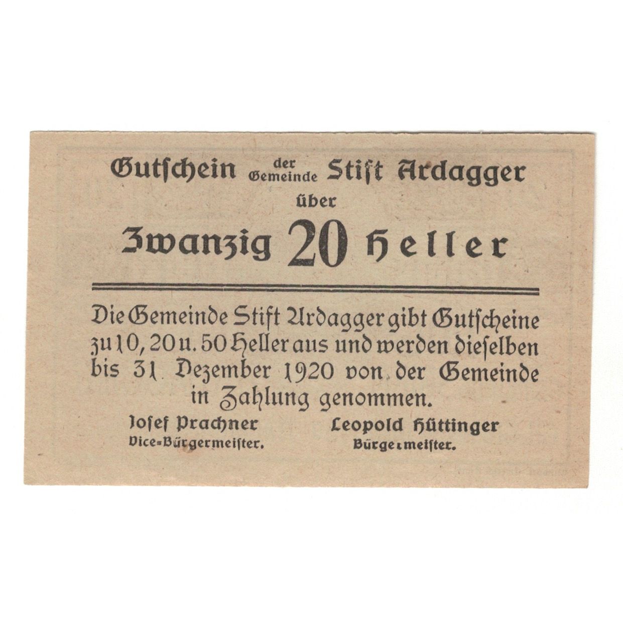 Nota, Áustria, Ardagger Stift N.Ö. Gemeinde, 20 Heller, texte 1, 1920