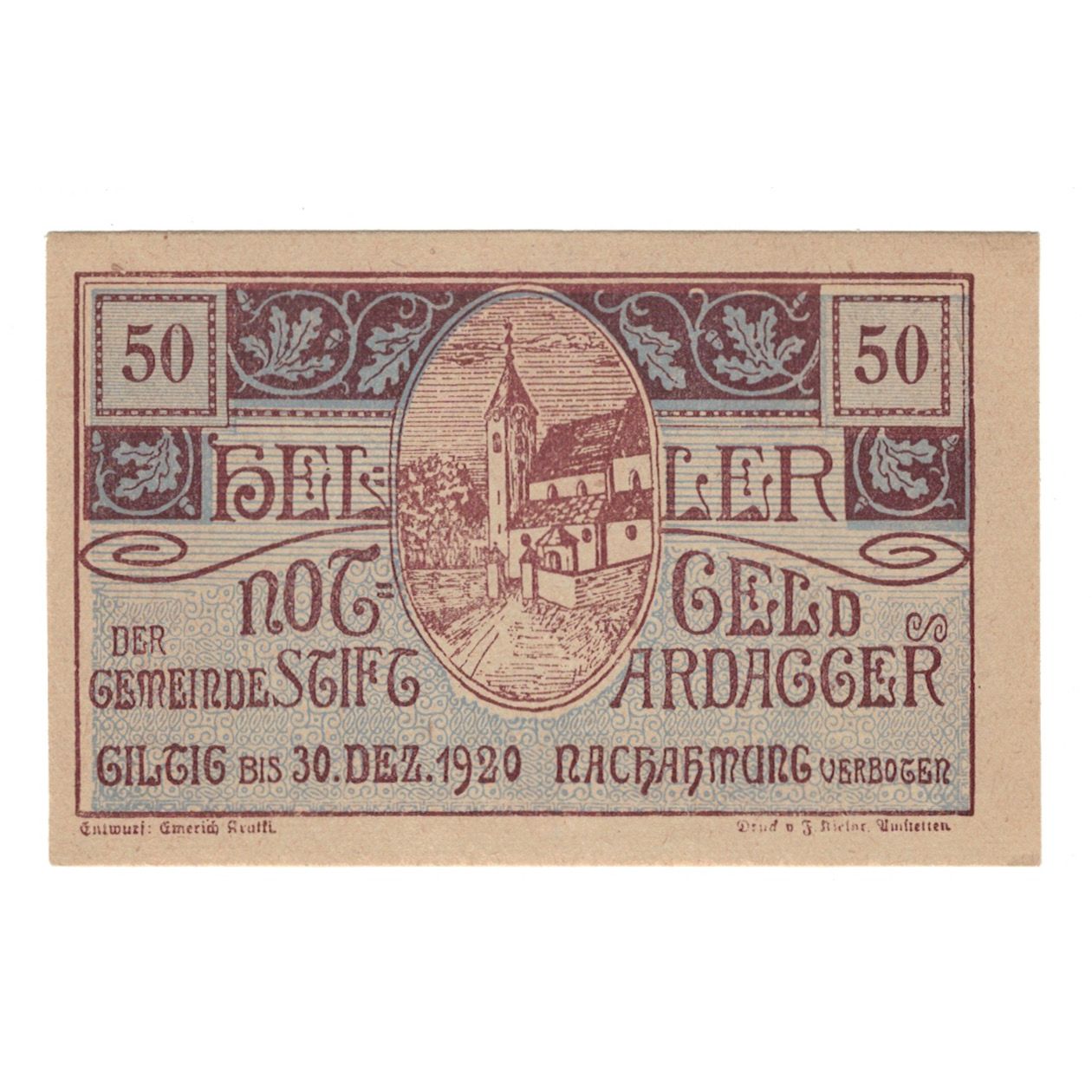 Banconote, Austria, Ardagger Stift N.Ö. Gemeinde, 50 Heller, Texte, 1920