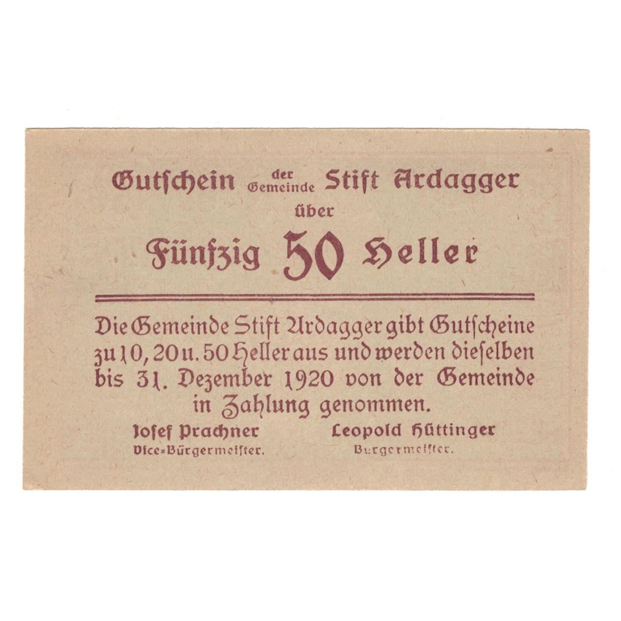 Banconote, Austria, Ardagger Stift N.Ö. Gemeinde, 50 Heller, Texte, 1920