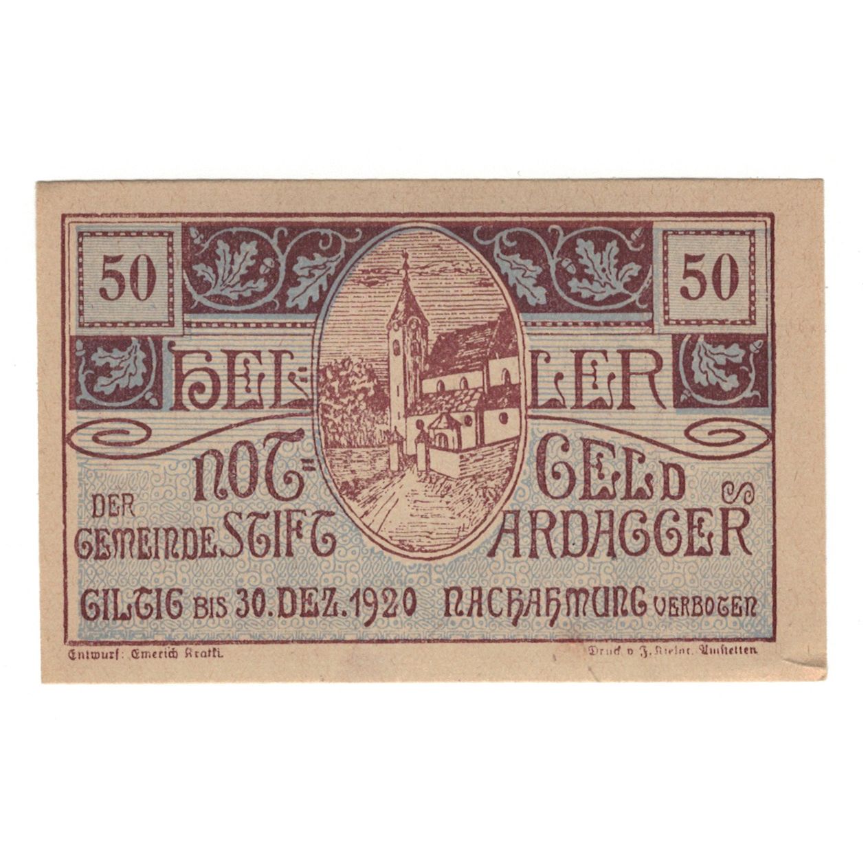 Banconote, Austria, Ardagger Stift N.Ö. Gemeinde, 50 Heller, texte 1, 1920