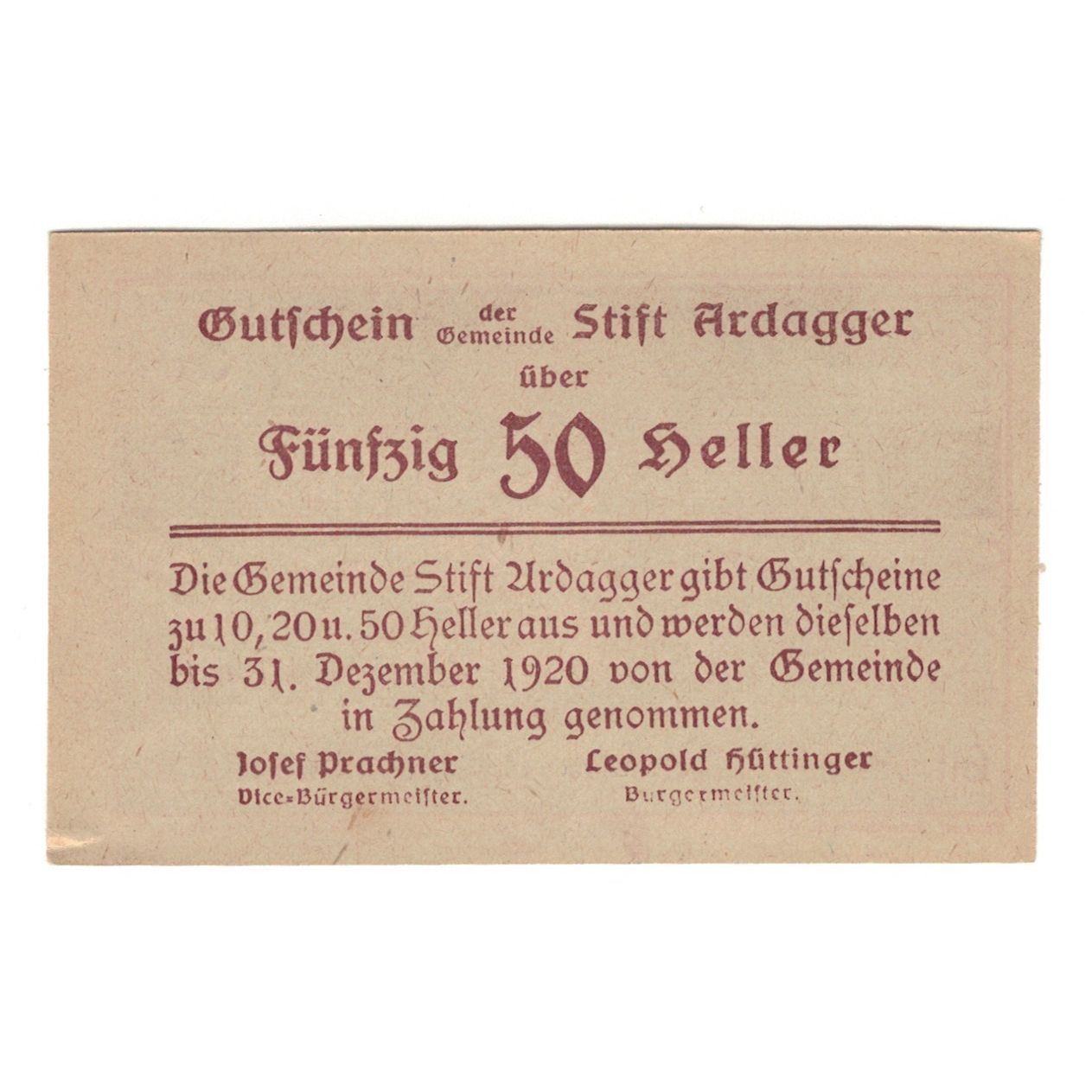 Banconote, Austria, Ardagger Stift N.Ö. Gemeinde, 50 Heller, texte 1, 1920