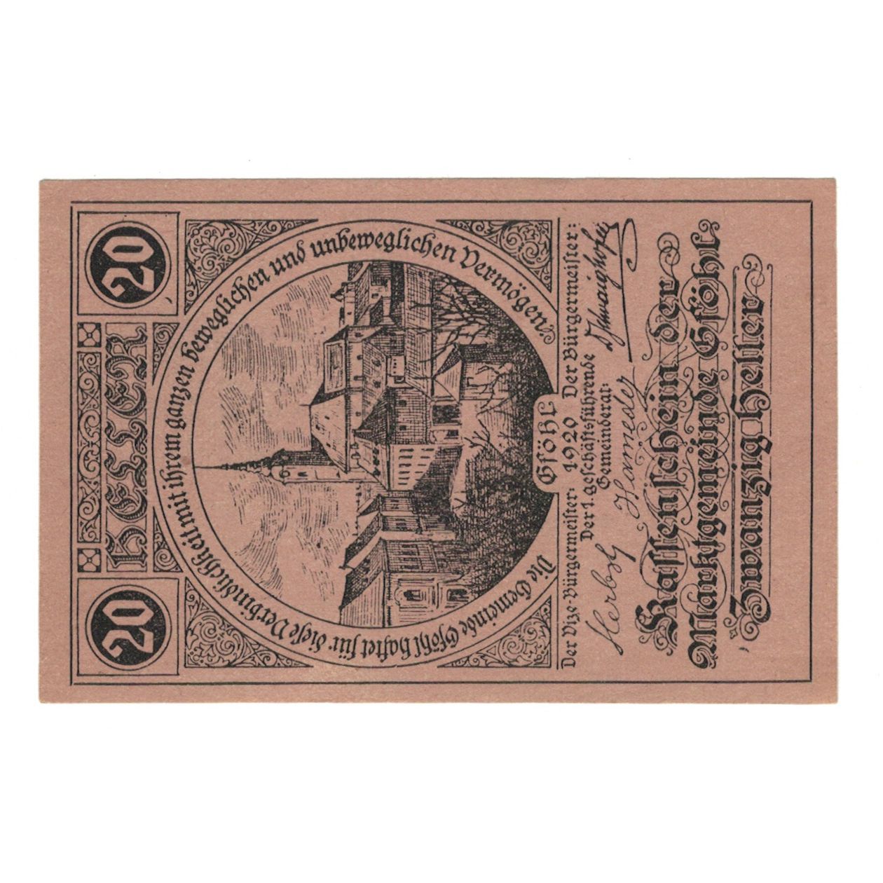 Banconote, Austria, Gföhl N.Ö. Marktgemeinde, 20 Heller, Texte, 1921