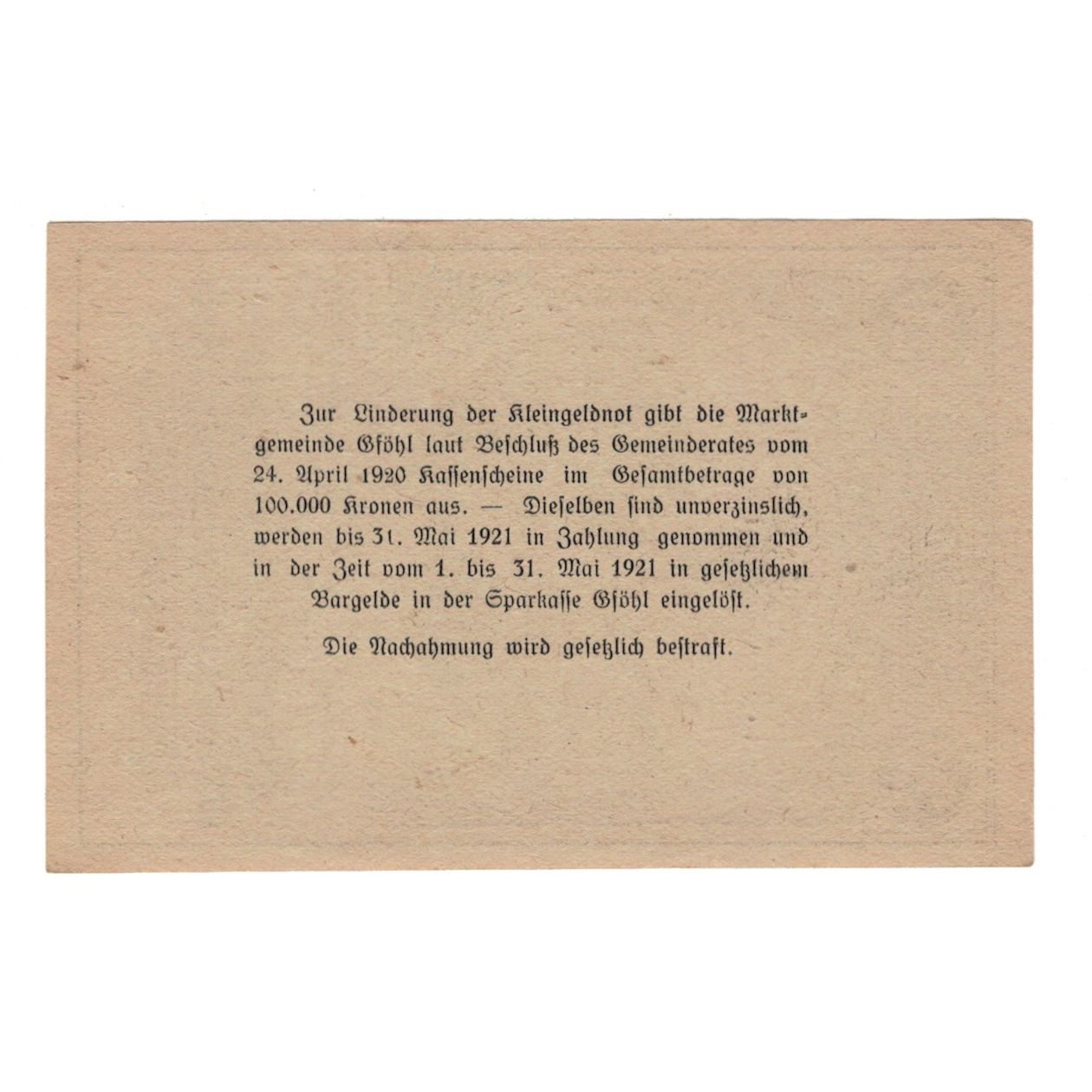 Banconote, Austria, Gföhl N.Ö. Marktgemeinde, 20 Heller, Texte, 1921
