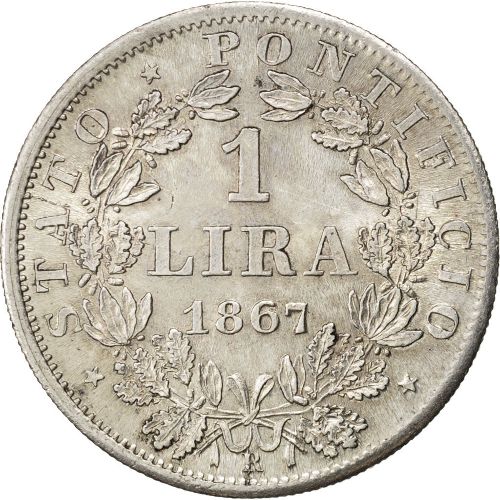 ITALIAN STATES, Lira, 1867, Roma, KM #1378, MS(63), Silver, 5.02