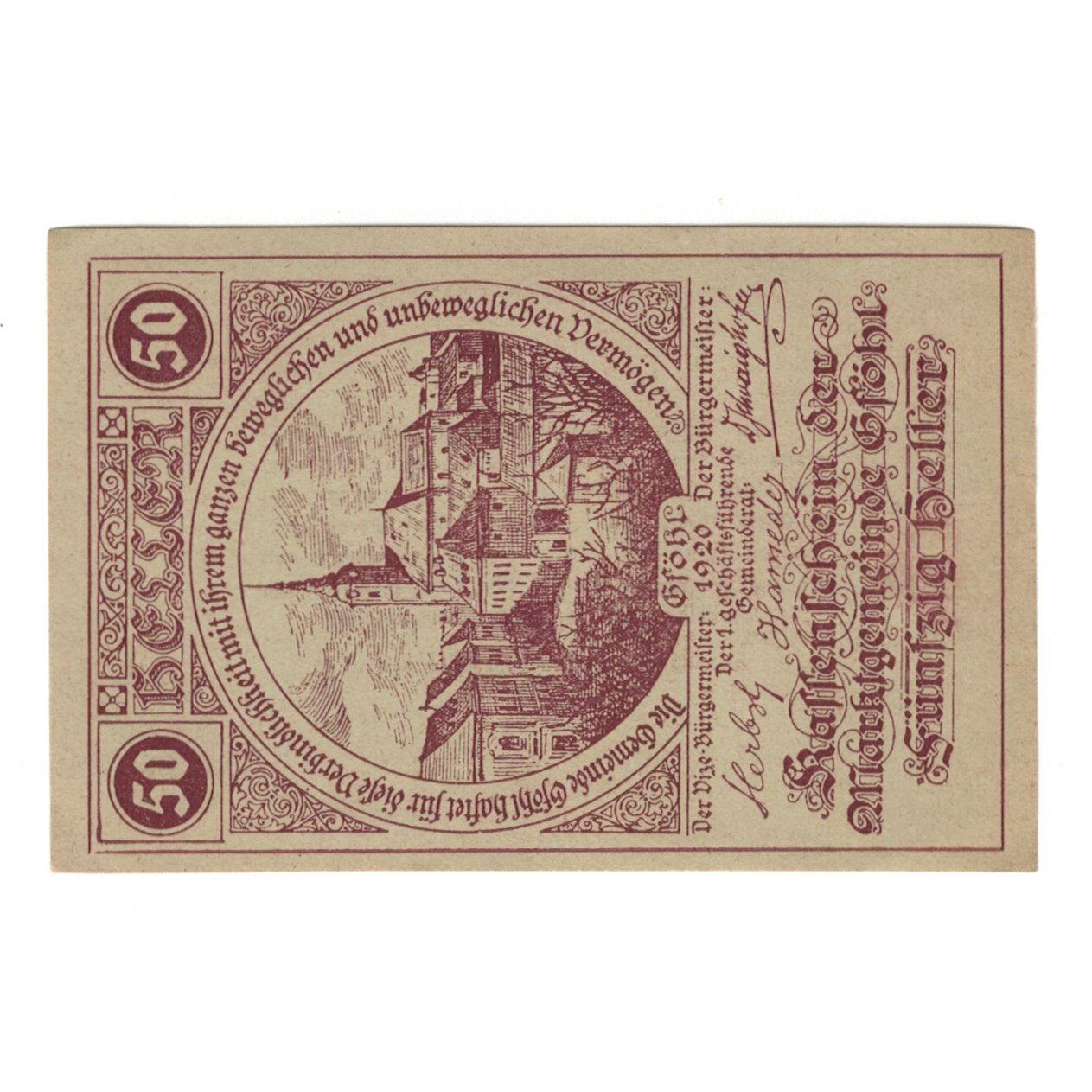 Banconote, Austria, Gföhl N.Ö. Marktgemeinde, 50 Heller, Texte, 1921