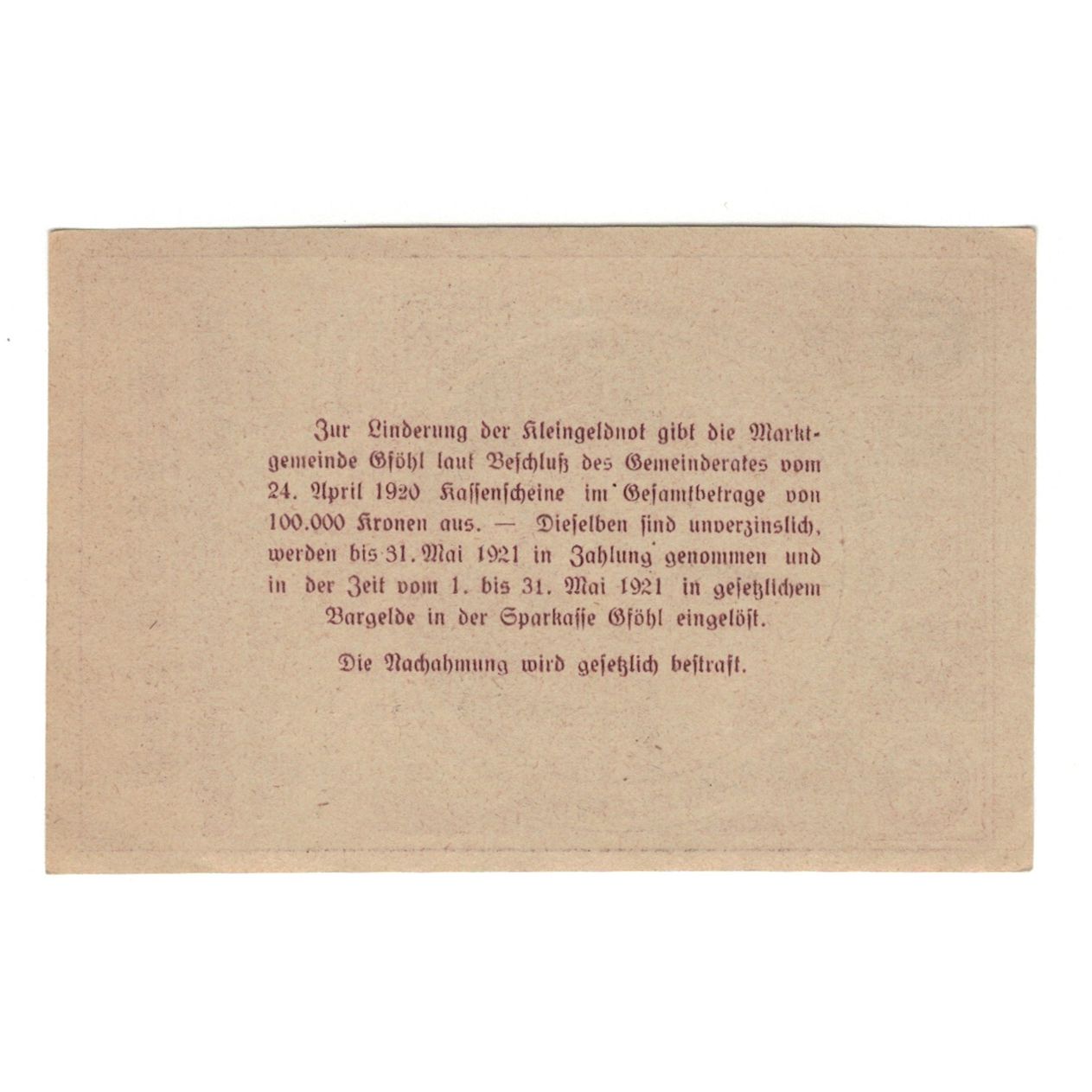 Banconote, Austria, Gföhl N.Ö. Marktgemeinde, 50 Heller, Texte, 1921