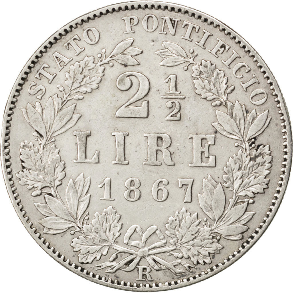ITALIAN STATES, 2-1/2 Lire, 1867, Roma, KM #1384, EF(40-45), Silver, 12.39