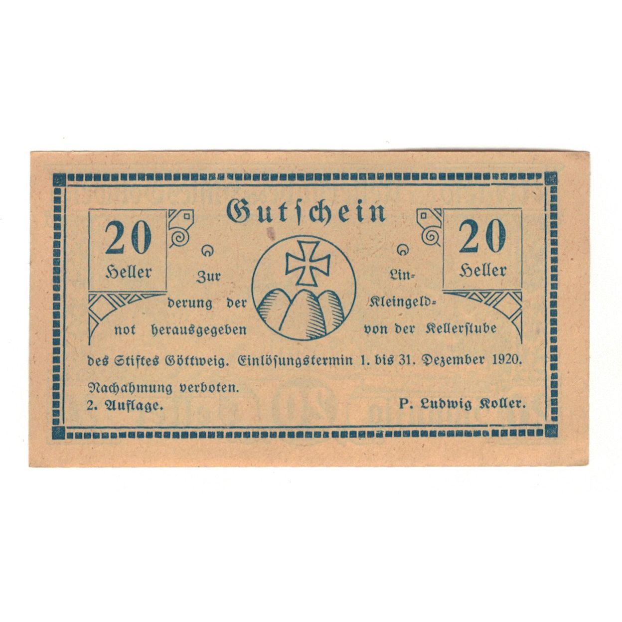 Banconote, Austria, Göttweig N.Ö. Prv. Kellerstube Göttweig, 20 Heller, texte