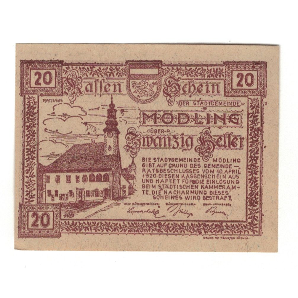 Banconote, Austria, Hinterbrühl N.Ö. Gemeinde, 20 Heller, Blason, 1920