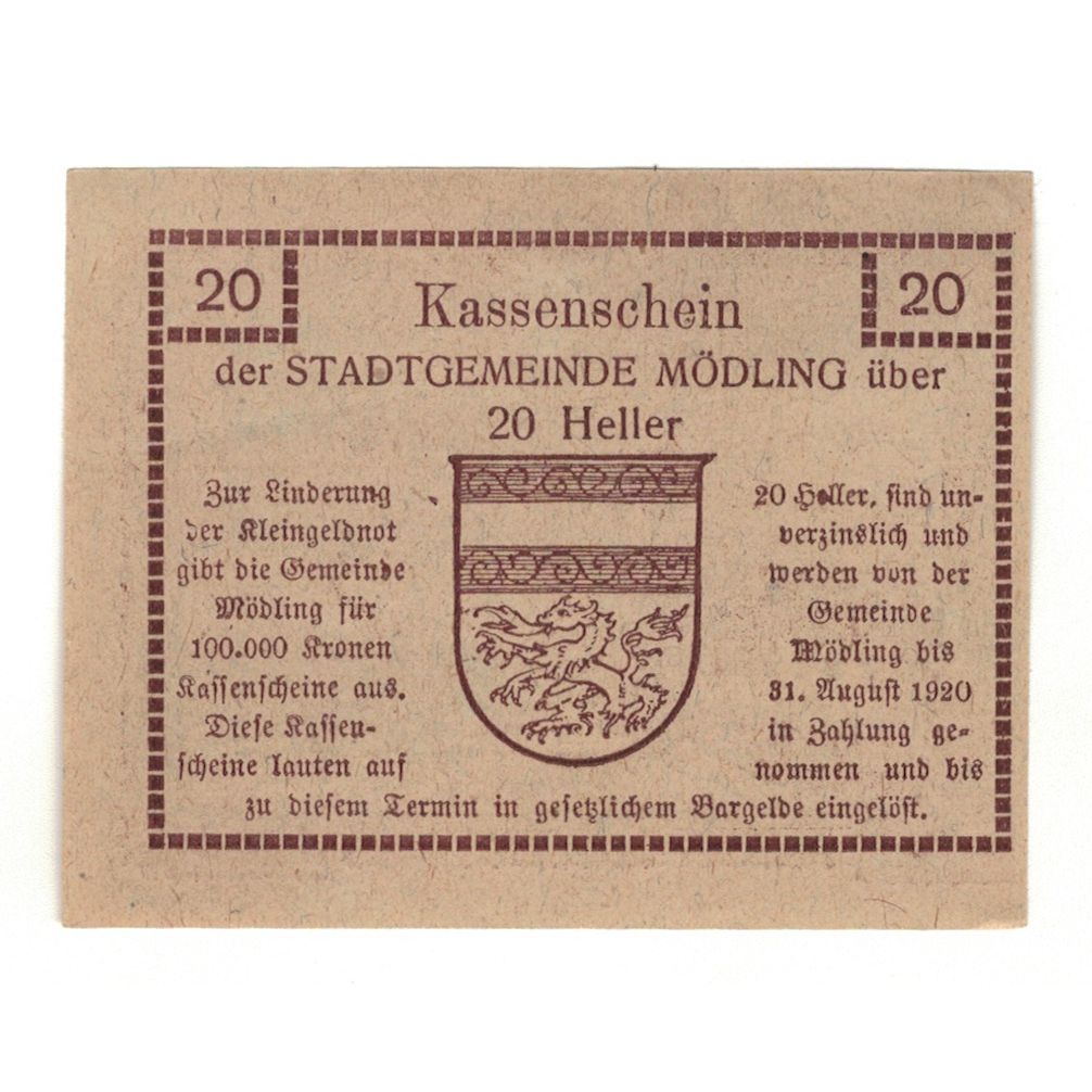 Banconote, Austria, Hinterbrühl N.Ö. Gemeinde, 20 Heller, Blason, 1920