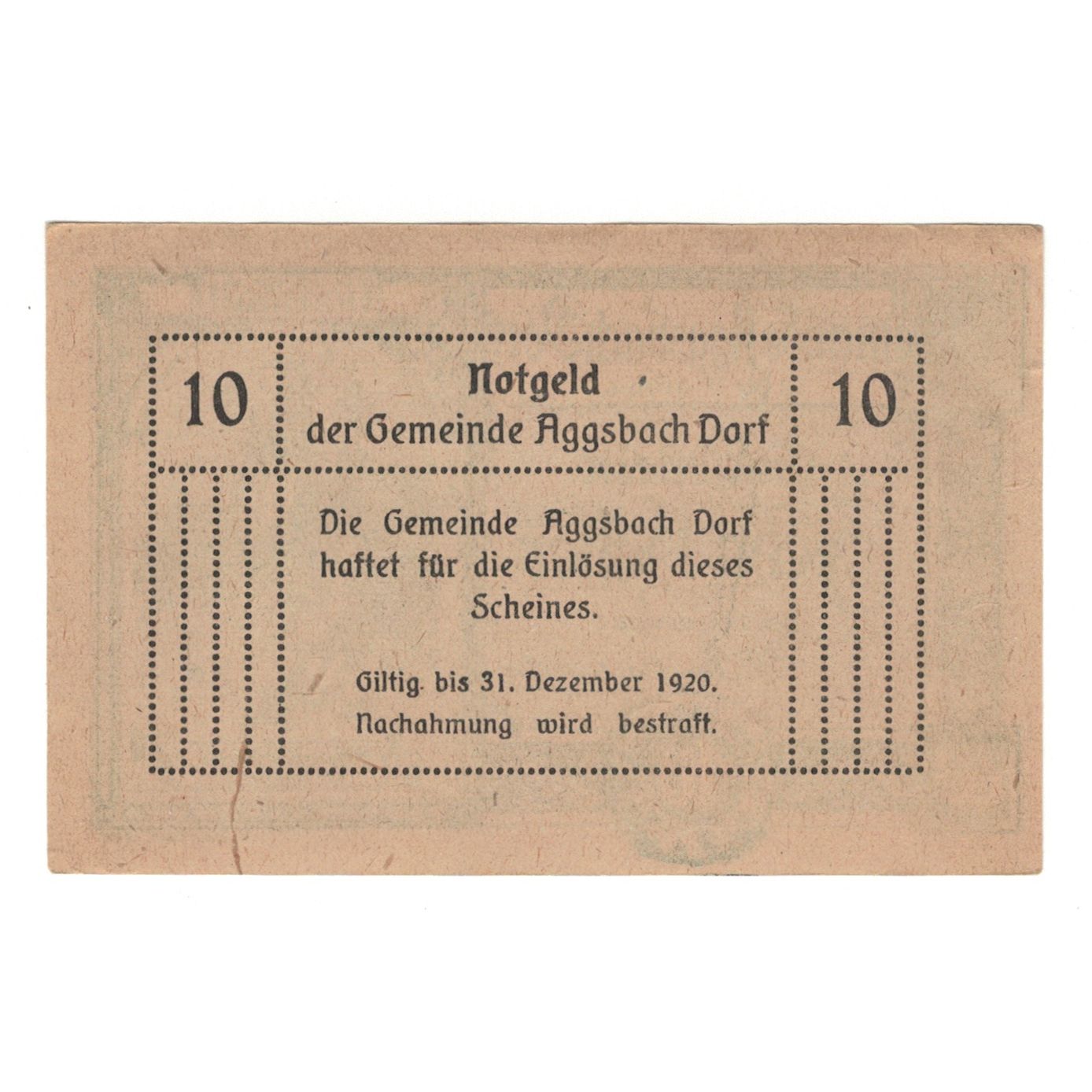 Banconote, Austria, Aggsbach Dorf N.Ö. Gemeinde, 10 Heller, valeur faciale