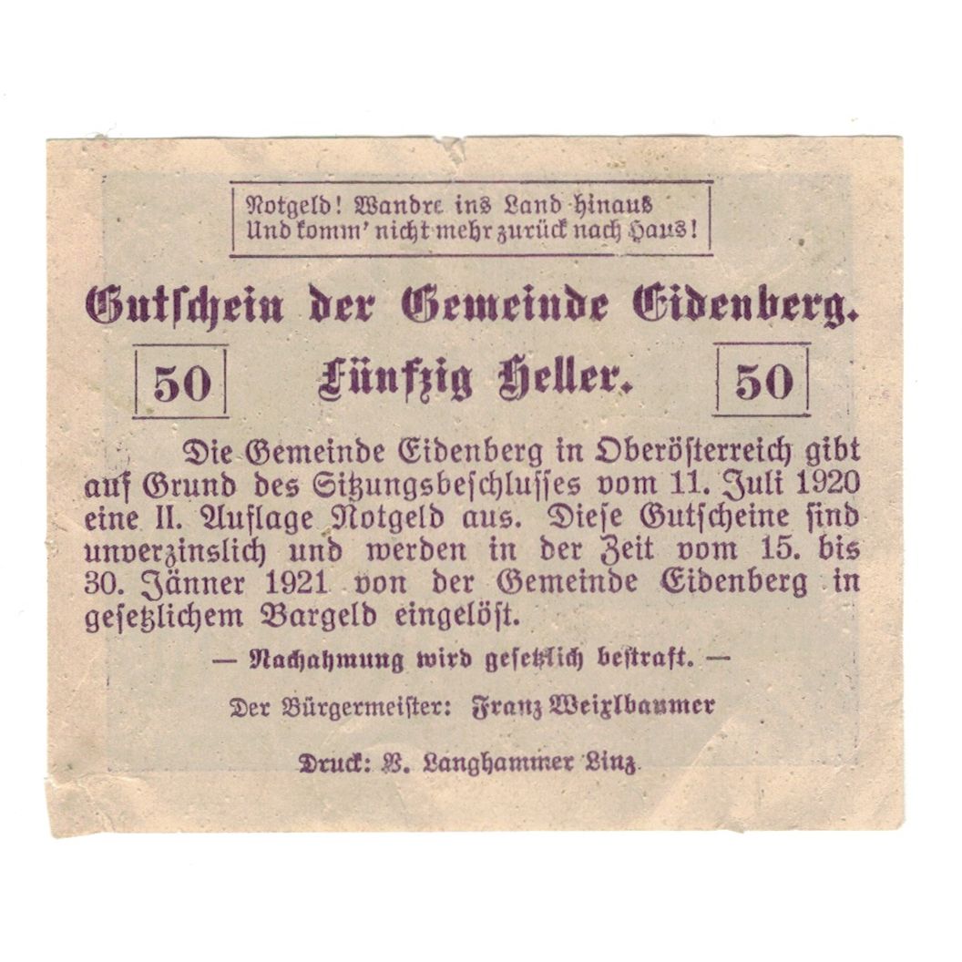 Biljet, Oostenrijk, Eidenberg O.Ö. Gemeinde, 50 Heller, Texte, 1920