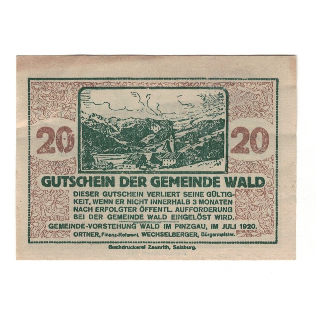 Banknote, Austria, Wald im Pinzgau Sbg. Gemeinde, 20 Heller, chalet, 1920