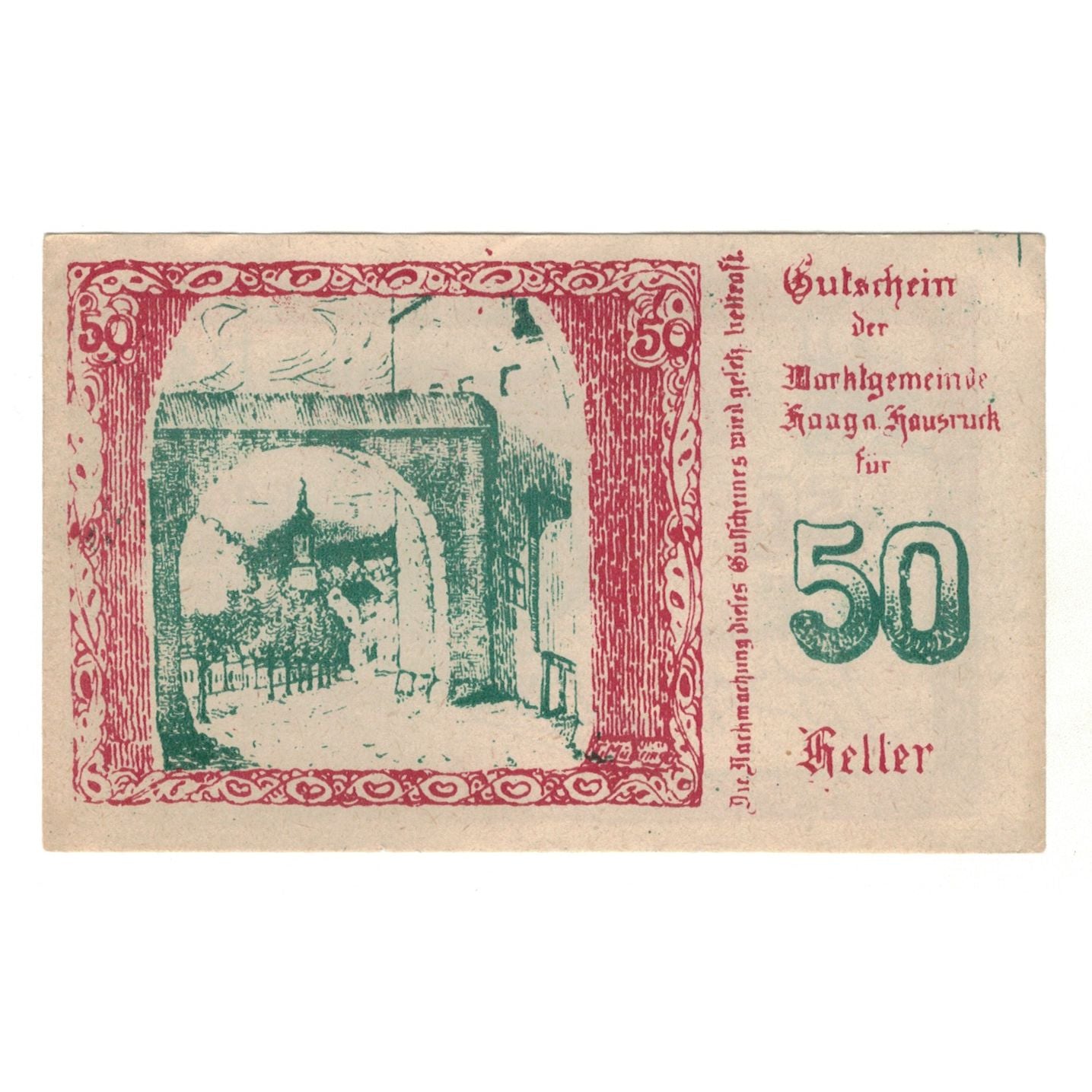 Nota, Áustria, Haag Am Hausruck O.Ö. Marktgemeinde, 50 Heller, Texte, 1920