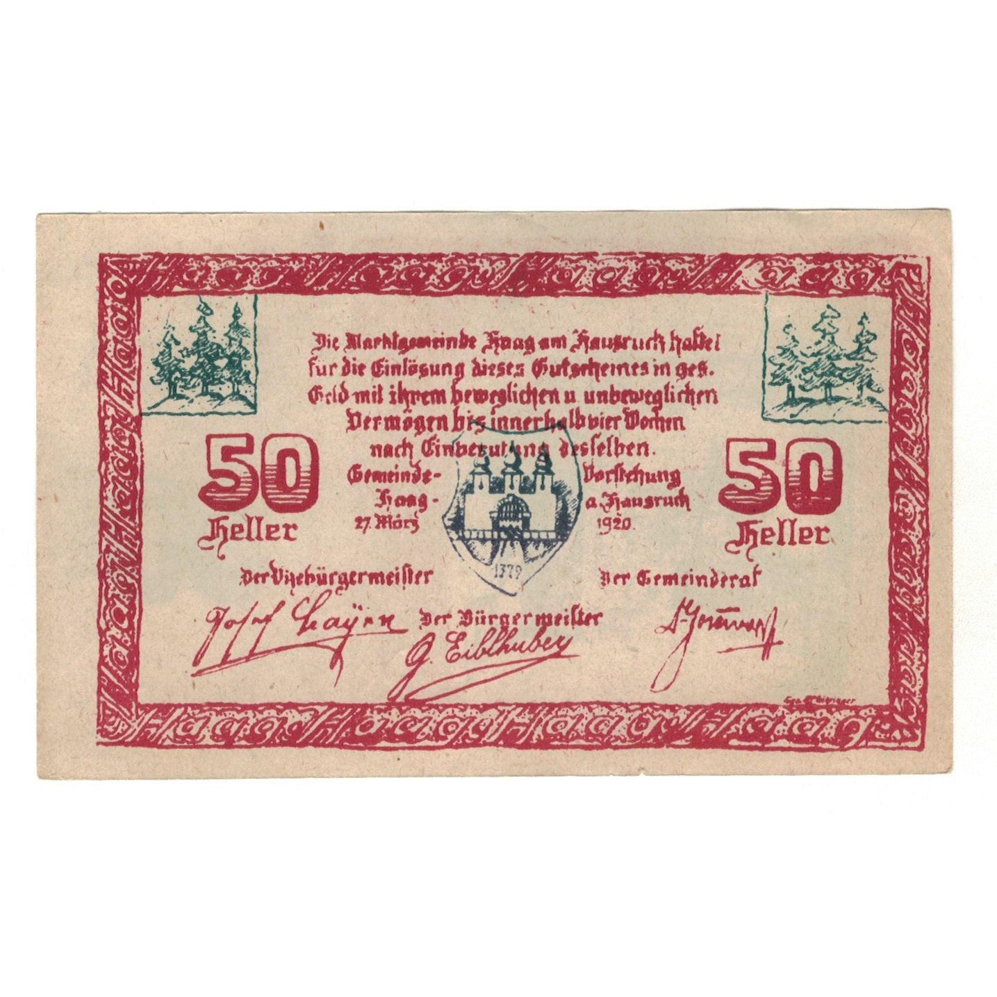 Nota, Áustria, Haag Am Hausruck O.Ö. Marktgemeinde, 50 Heller, Texte, 1920