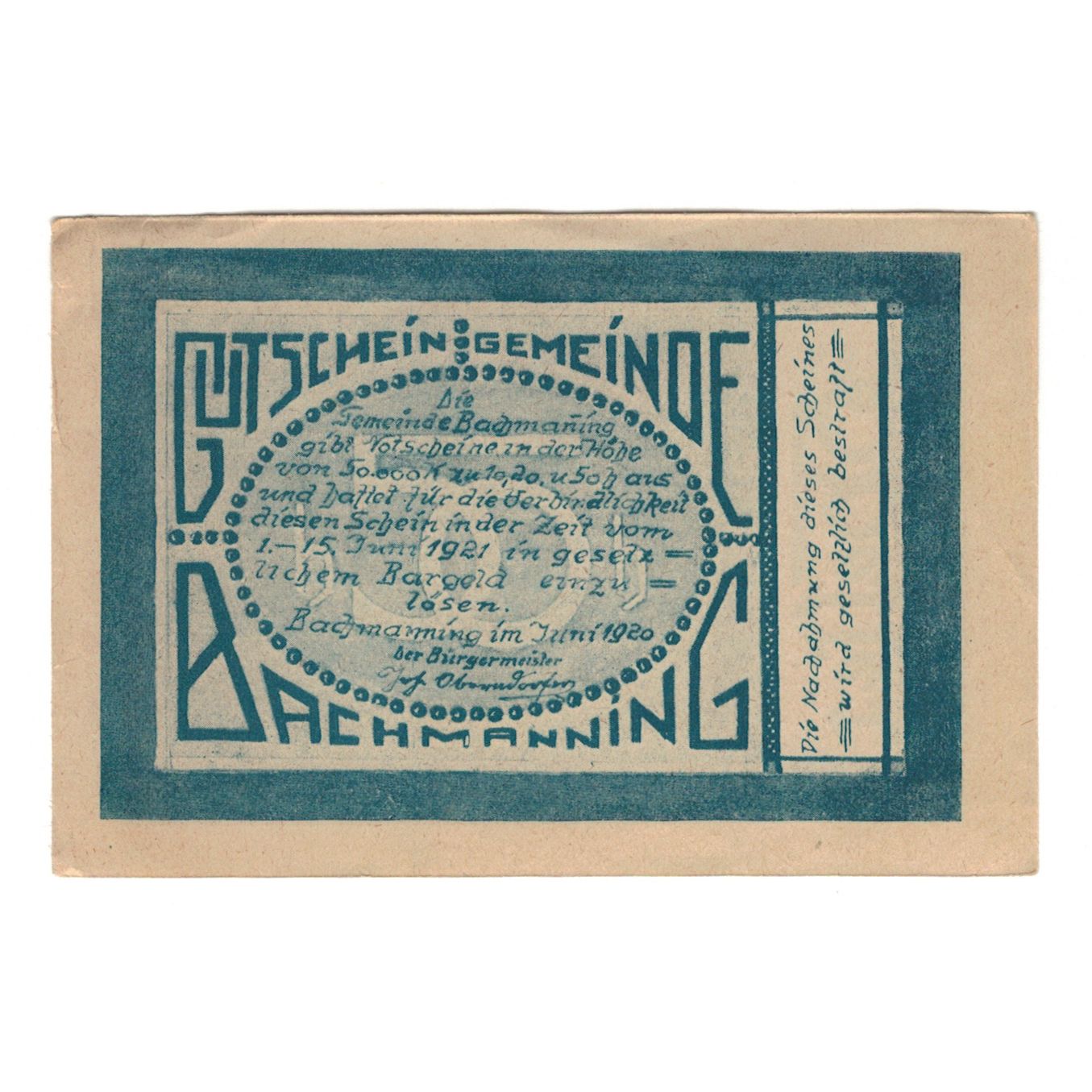 Biljet, Oostenrijk, Bachmanning O.Ö. Gemeinde, 50 Heller, paysage, 1921