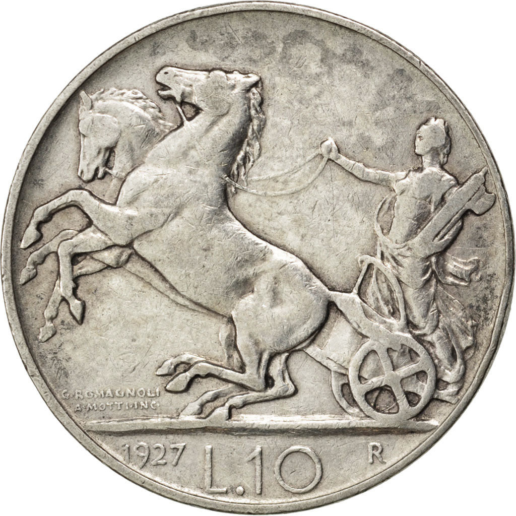ITALY, 10 Lire, 1927, Rome, KM #68.2, EF(40-45), Silver, 9.93