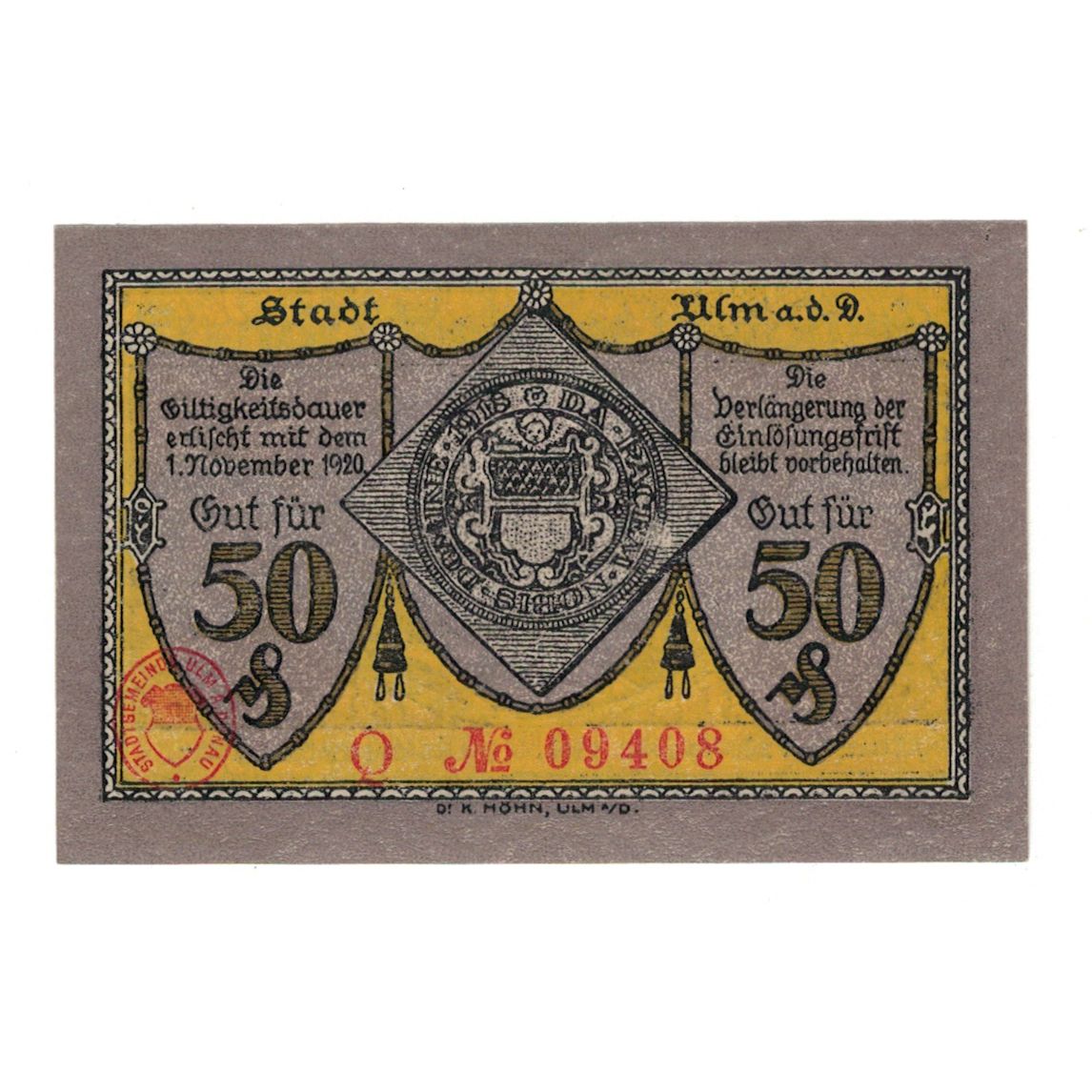 Banknote, Germany, Ulm Stadt, 50 Pfennig, Batiment, 1920, 1920-11-01, AU(55-58)