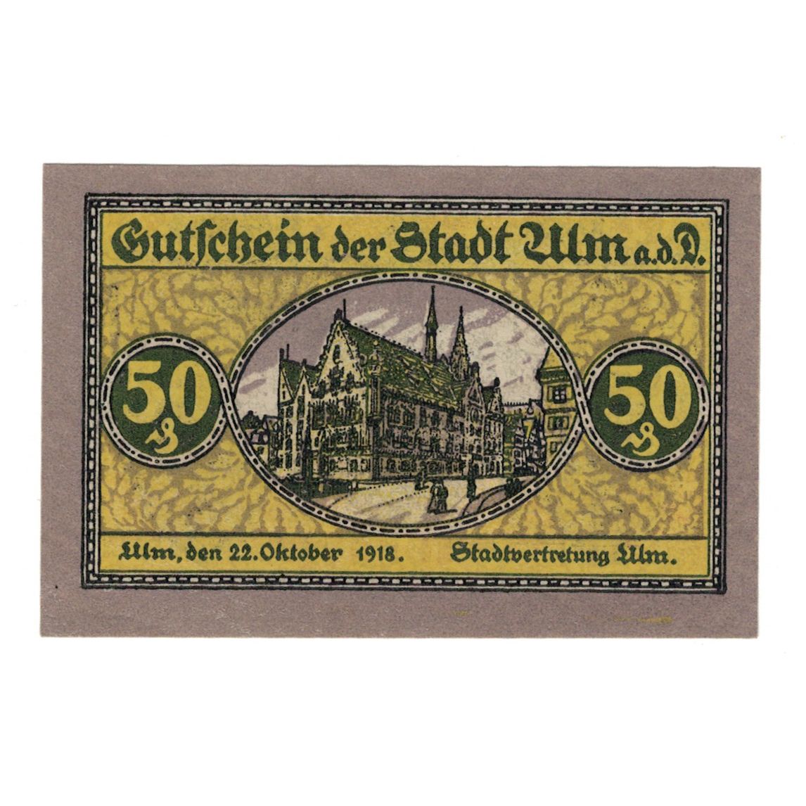 Banknote, Germany, Ulm Stadt, 50 Pfennig, Batiment, 1920, 1920-11-01, AU(55-58)