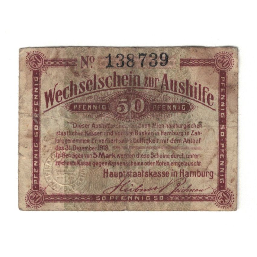 Banknot, Niemcy, Hamburg Hauptstaatskasse, 50 Pfennig, valeur faciale, 1918