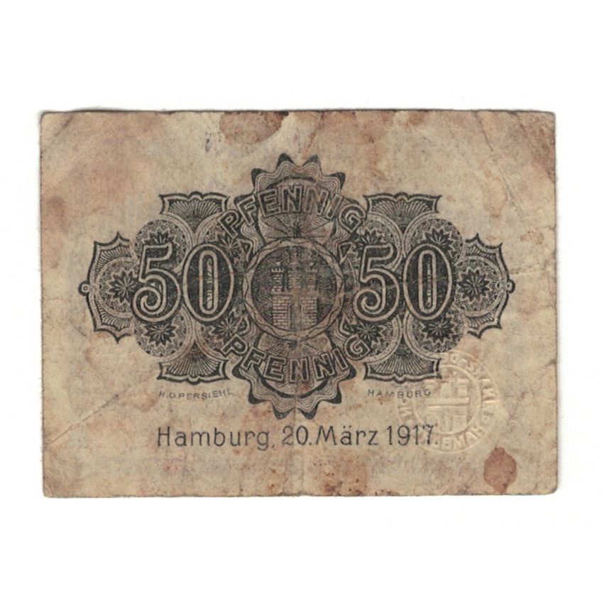 Banknot, Niemcy, Hamburg Hauptstaatskasse, 50 Pfennig, valeur faciale, 1918