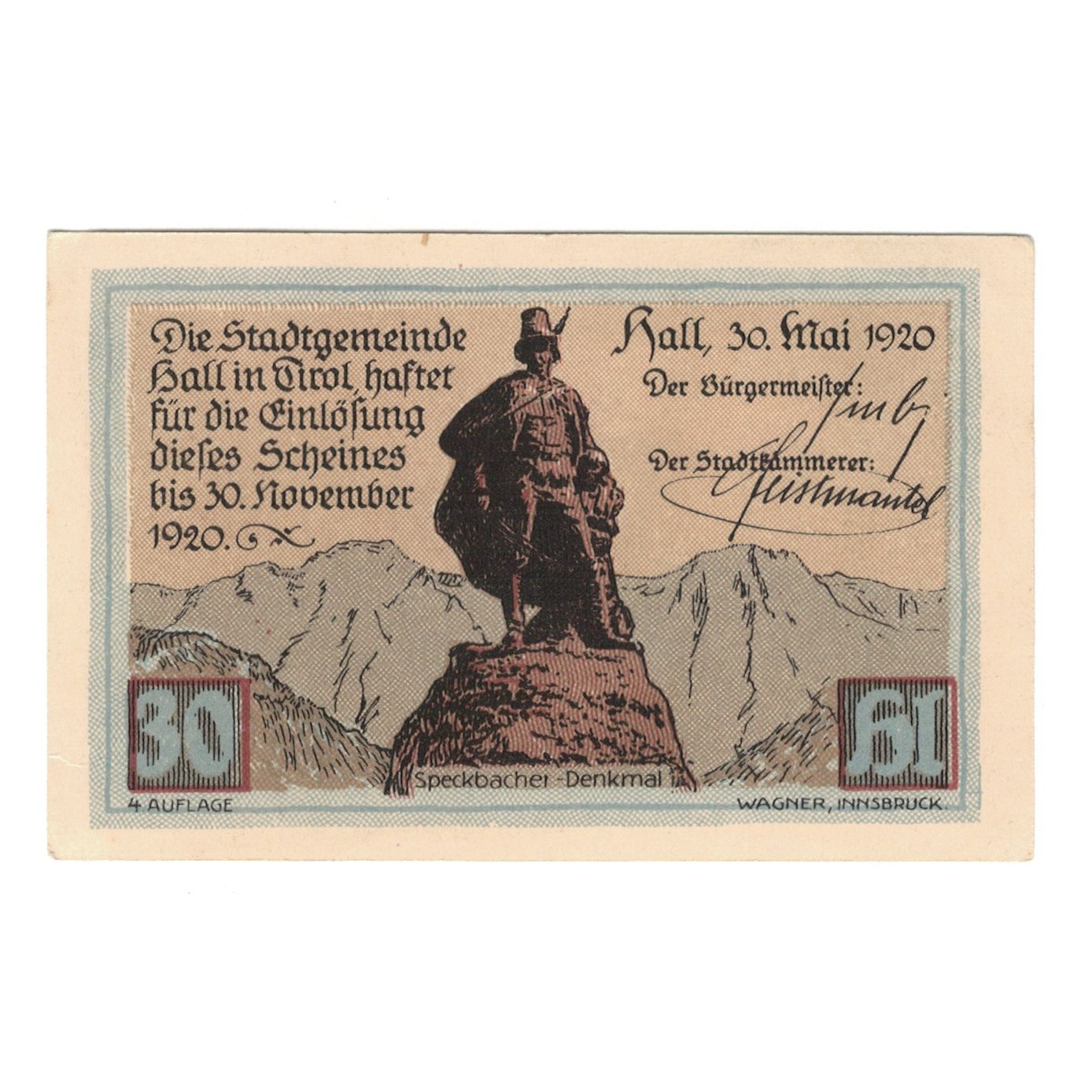 Nota, Áustria, Hall In Tirol Stadtgemeinde, 30 Heller, paysage, 1920