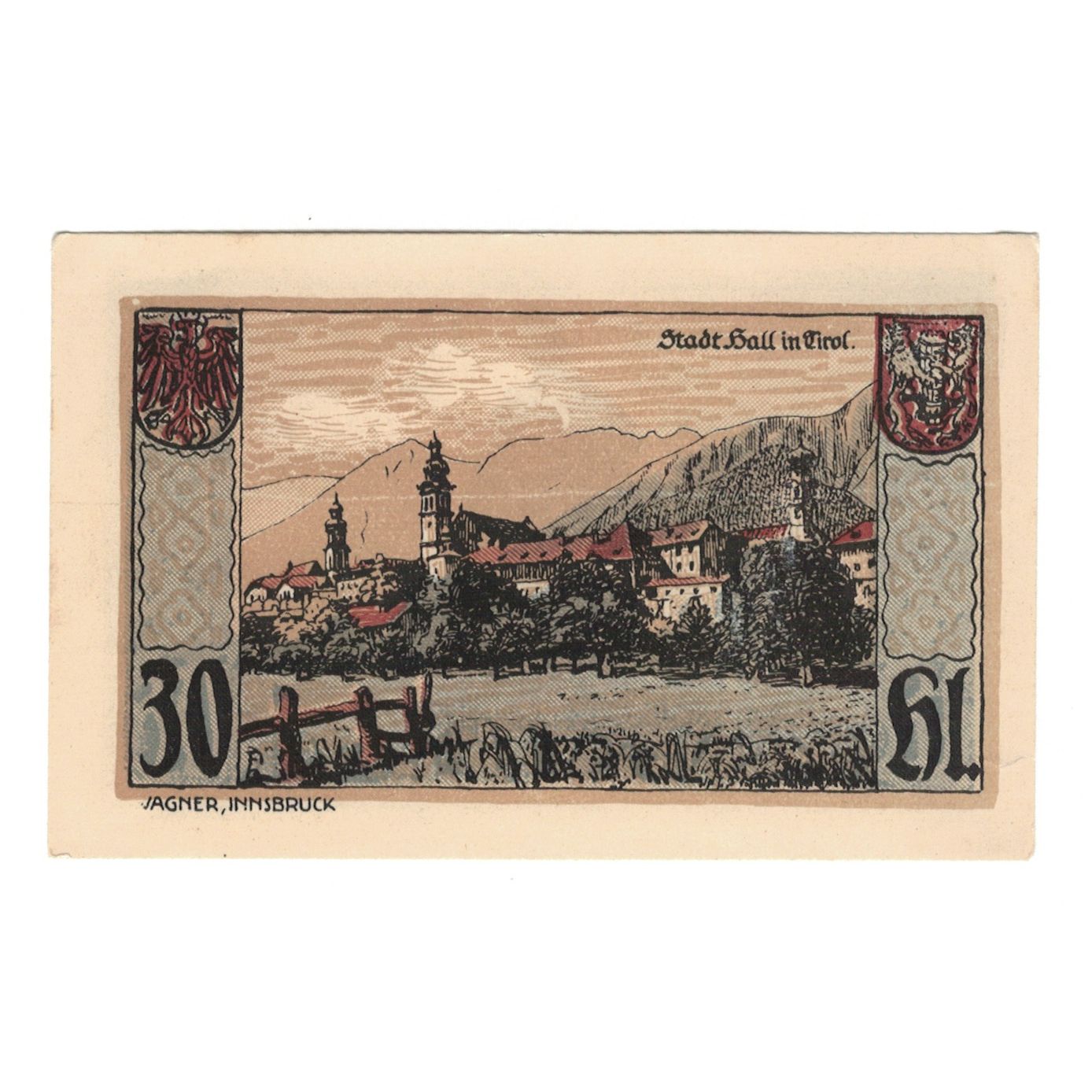 Nota, Áustria, Hall In Tirol Stadtgemeinde, 30 Heller, paysage, 1920