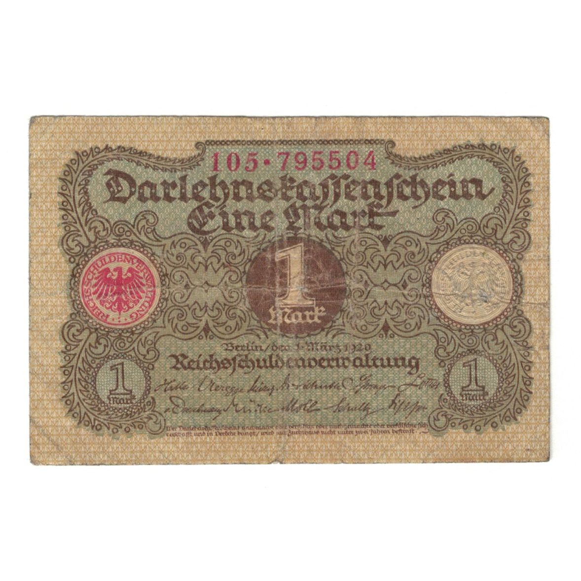 Banknote, Germany, Darlehnskassenschein (State Loan Currency Note), 1 Mark