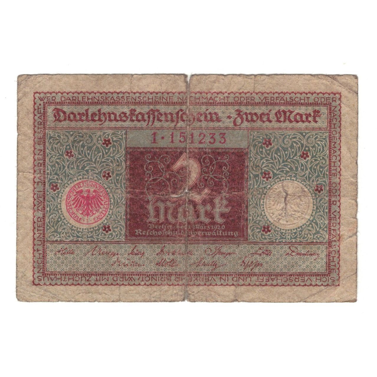 Billete, Alemania, Darlehnskassenschein (State Loan Currency Note), 2 Mark