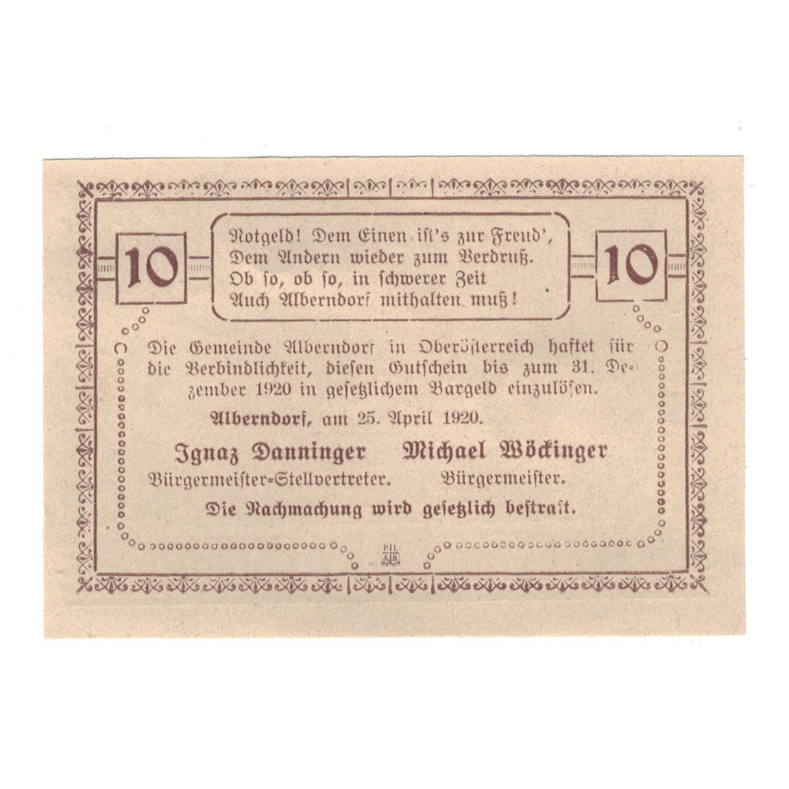 Billete, Austria, Alberndorf Gemeinde, 10 Heller, Texte, 1920, 1920-12-31, EBC
