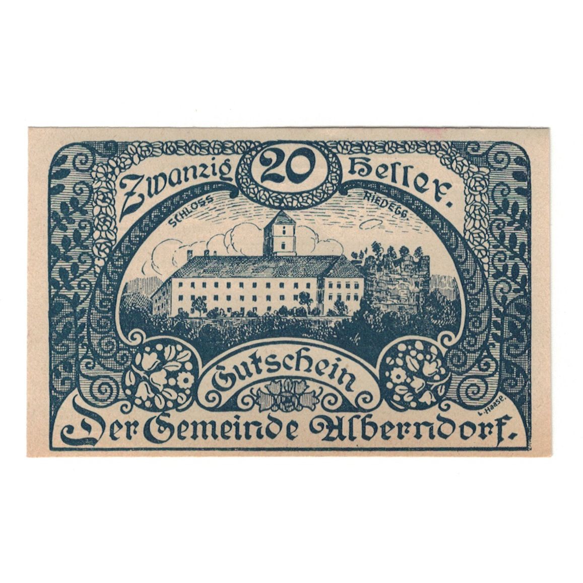 Banconote, Austria, Alberndorf Gemeinde, 20 Heller, Texte, 1920, 1920-12-31