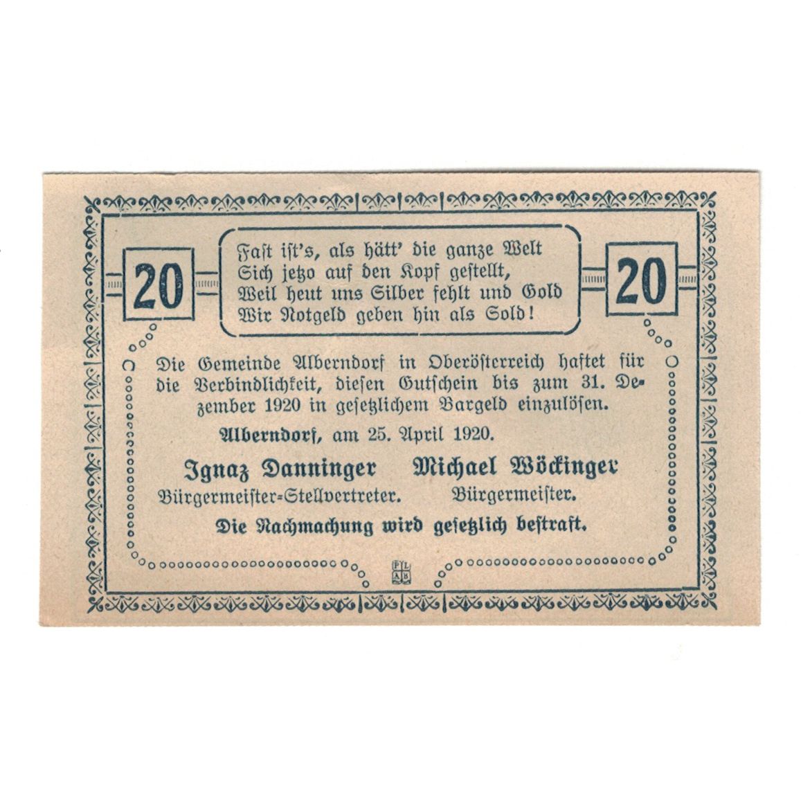 Banconote, Austria, Alberndorf Gemeinde, 20 Heller, Texte, 1920, 1920-12-31