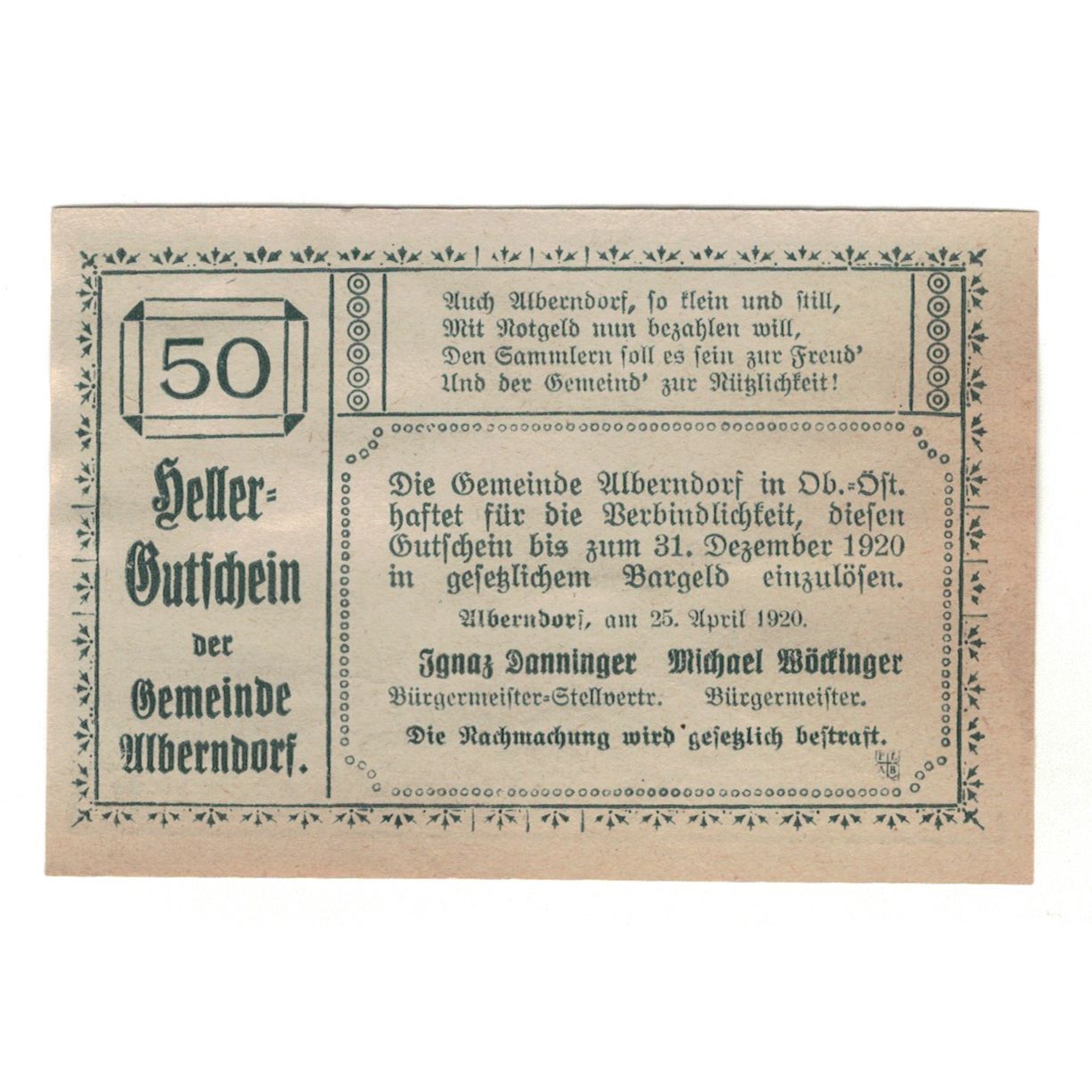 Banknote, Austria, Alberndorf Gemeinde, 50 Heller, Texte, 1920, 1920-12-31