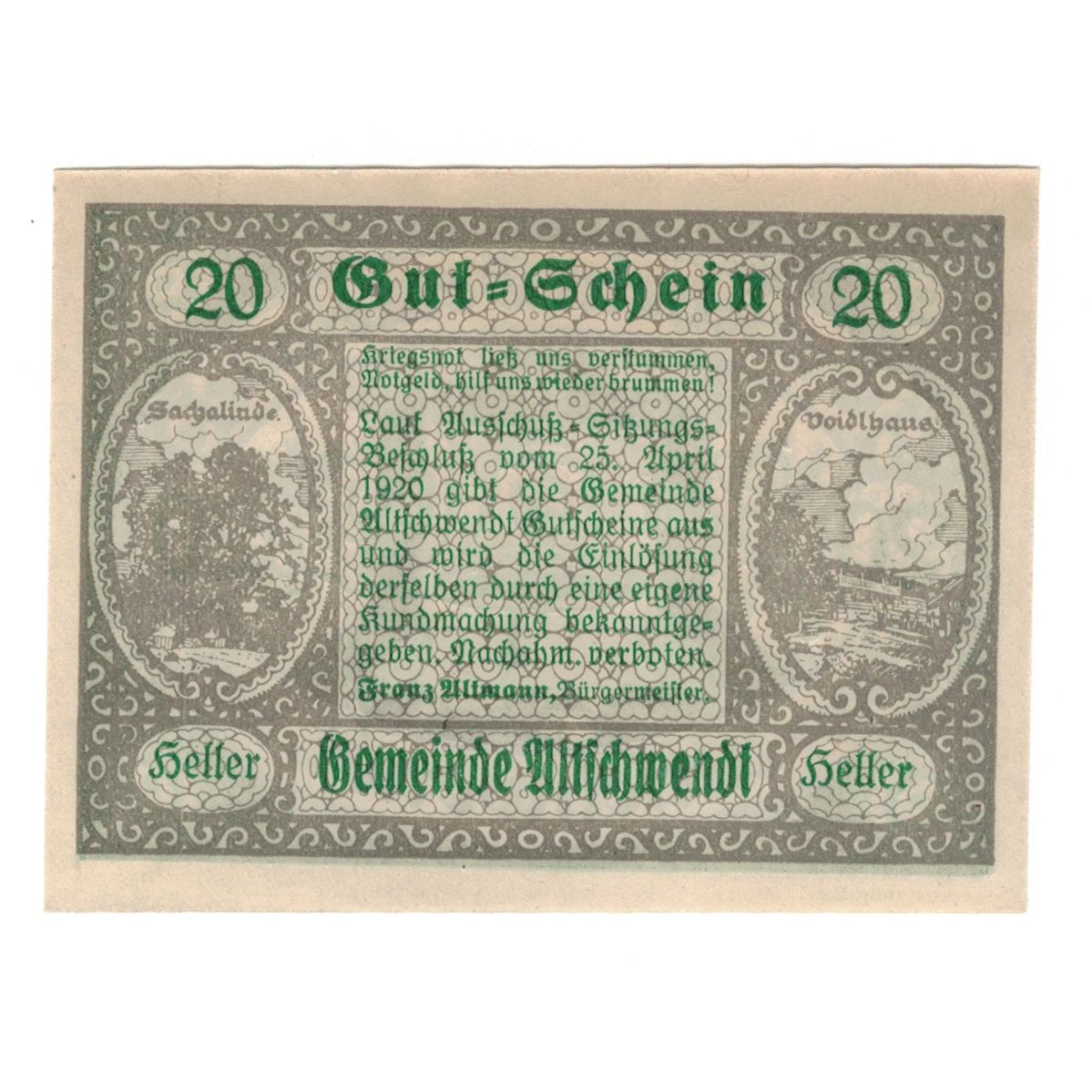 Nota, Áustria, Altschwendt O.Ö. Gemeinde, 20 Heller, cloche, 1920, 1920-04-25