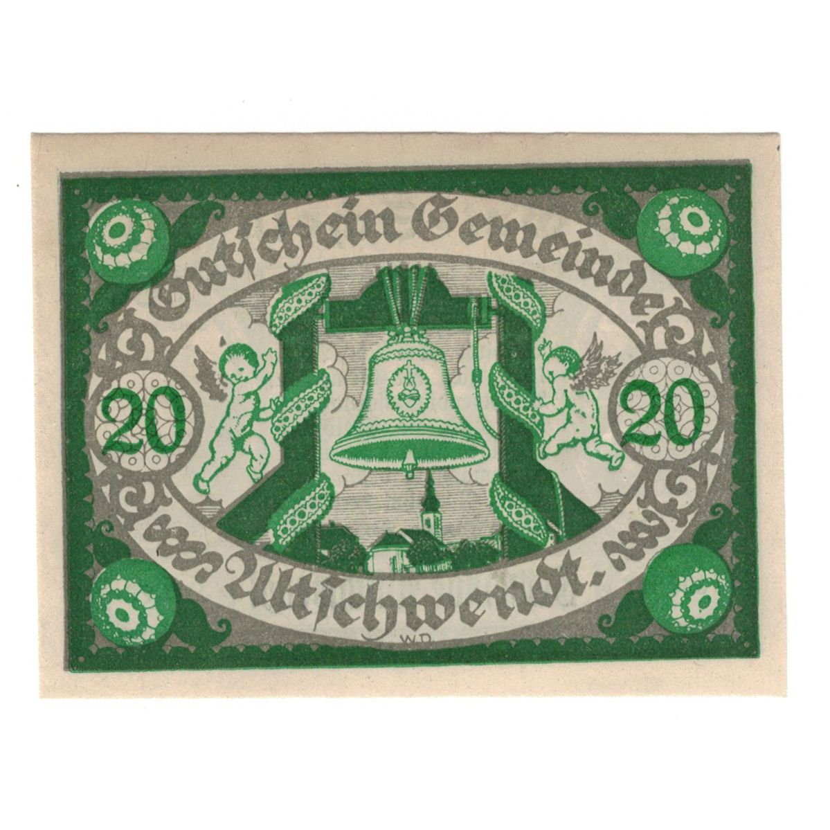 Nota, Áustria, Altschwendt O.Ö. Gemeinde, 20 Heller, cloche, 1920, 1920-04-25