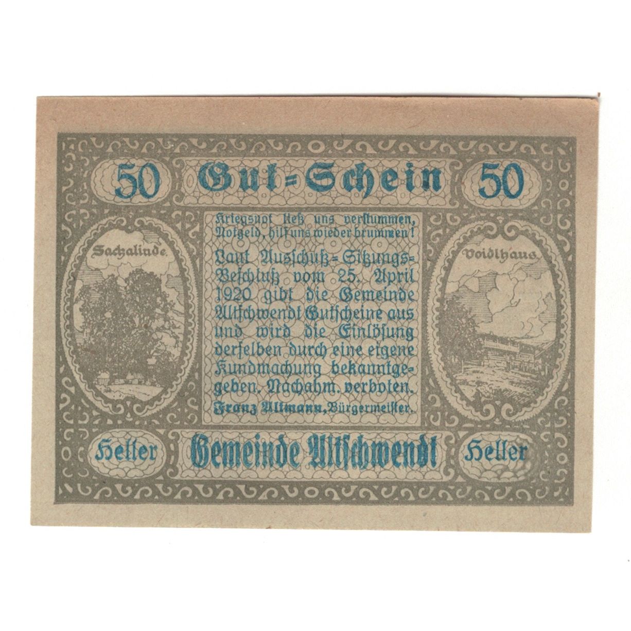 Biljet, Oostenrijk, Altschwendt O.Ö. Gemeinde, 50 Heller, cloche, 1920