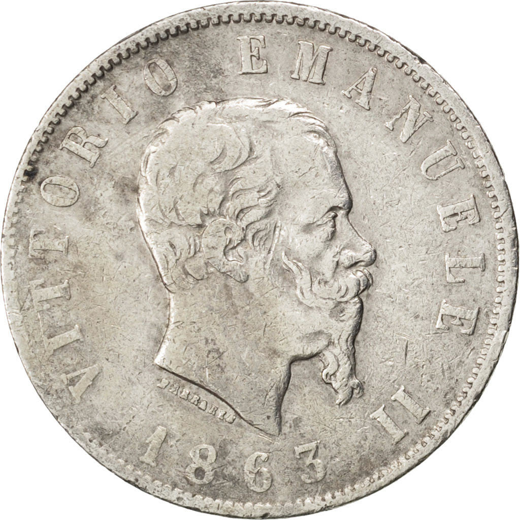 ITALY, 2 Lire, 1863, Naples, KM #16.1, VF(20-25), Silver, 9.70