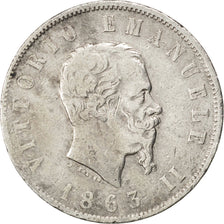 ITALY, 2 Lire, 1863, Naples, KM #16.1, VF(20-25), Silver, 9.70