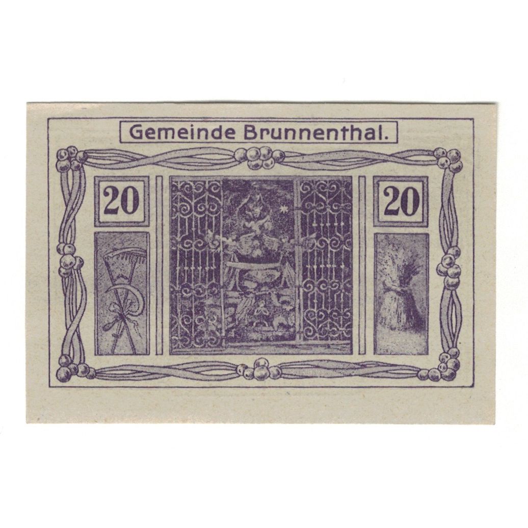 Banconote, Austria, Brunnenthal O.Ö. Gemeinde, 20 Heller, Texte, 1920