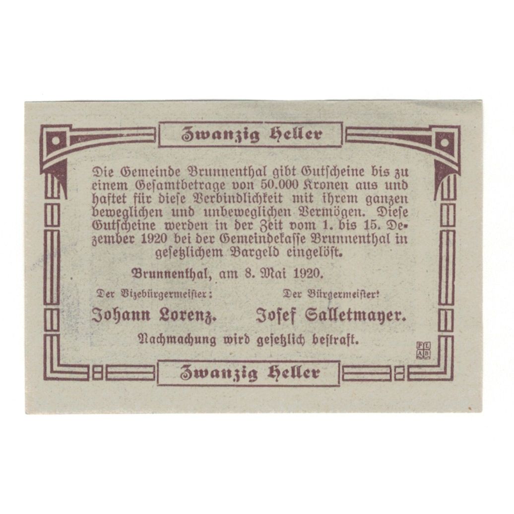 Banconote, Austria, Brunnenthal O.Ö. Gemeinde, 20 Heller, Texte, 1920