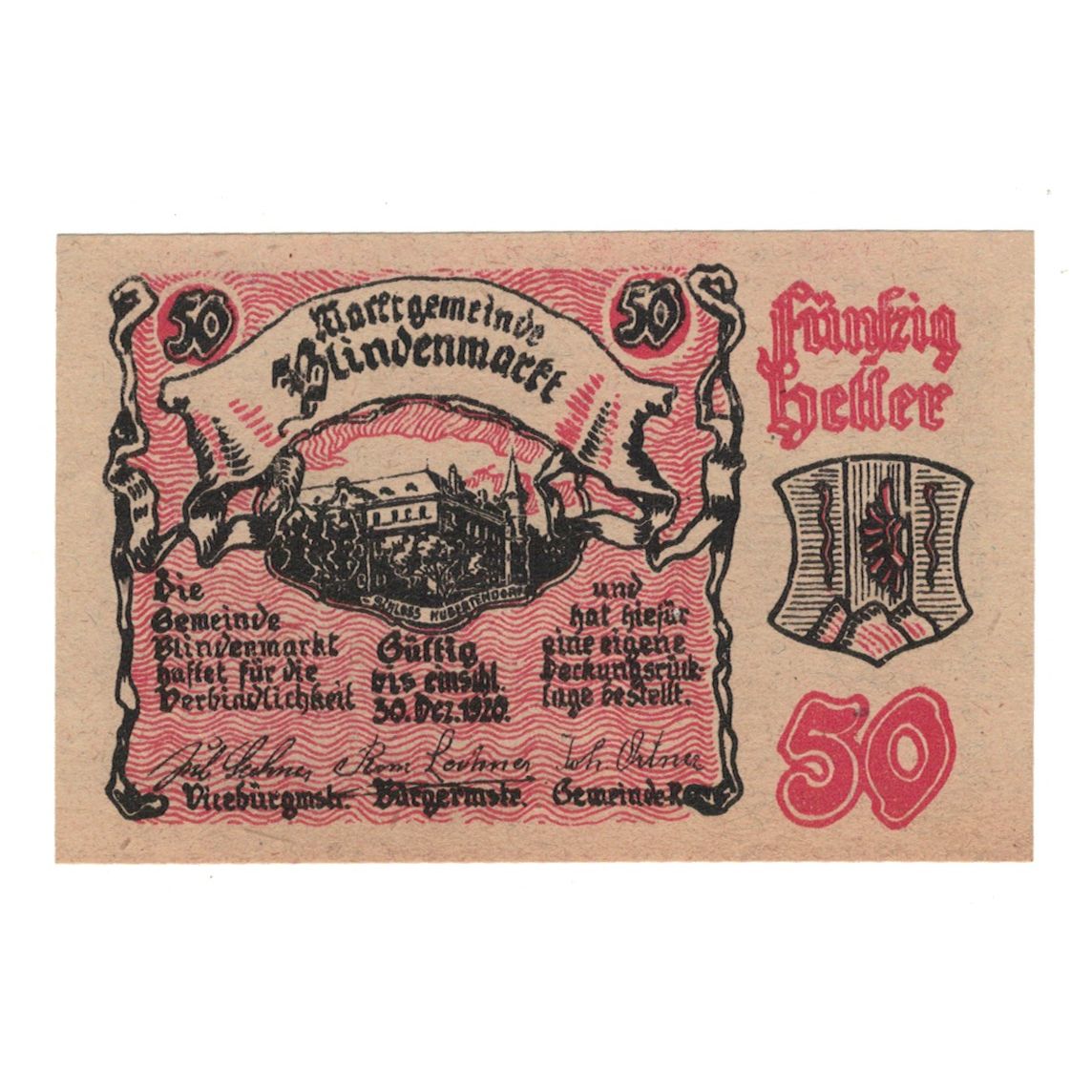 Billet, Autriche, Blindenmarkt N.Ö. Gemeinde, 50 Heller, Texte, 1920