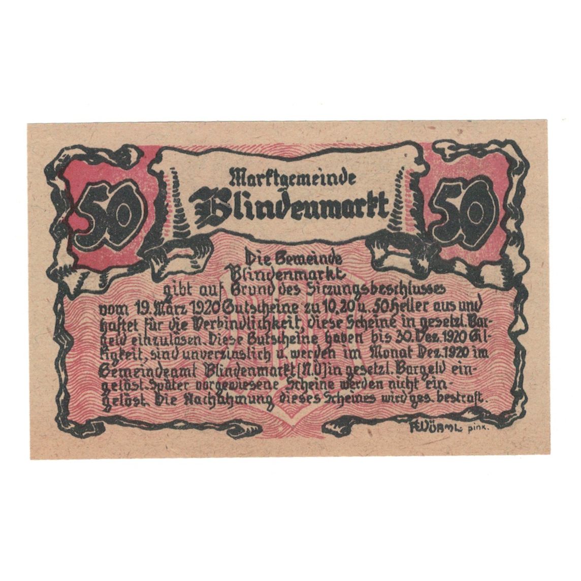 Billet, Autriche, Blindenmarkt N.Ö. Gemeinde, 50 Heller, Texte, 1920